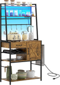 Baker's Rack with Power Outlet and LED Lights, Coffee Bar with Storage Shelves, Industrial Microwave Stand with Wine Bottle Rack, Drawer, Barn Door Cabinet, Rustic Brown