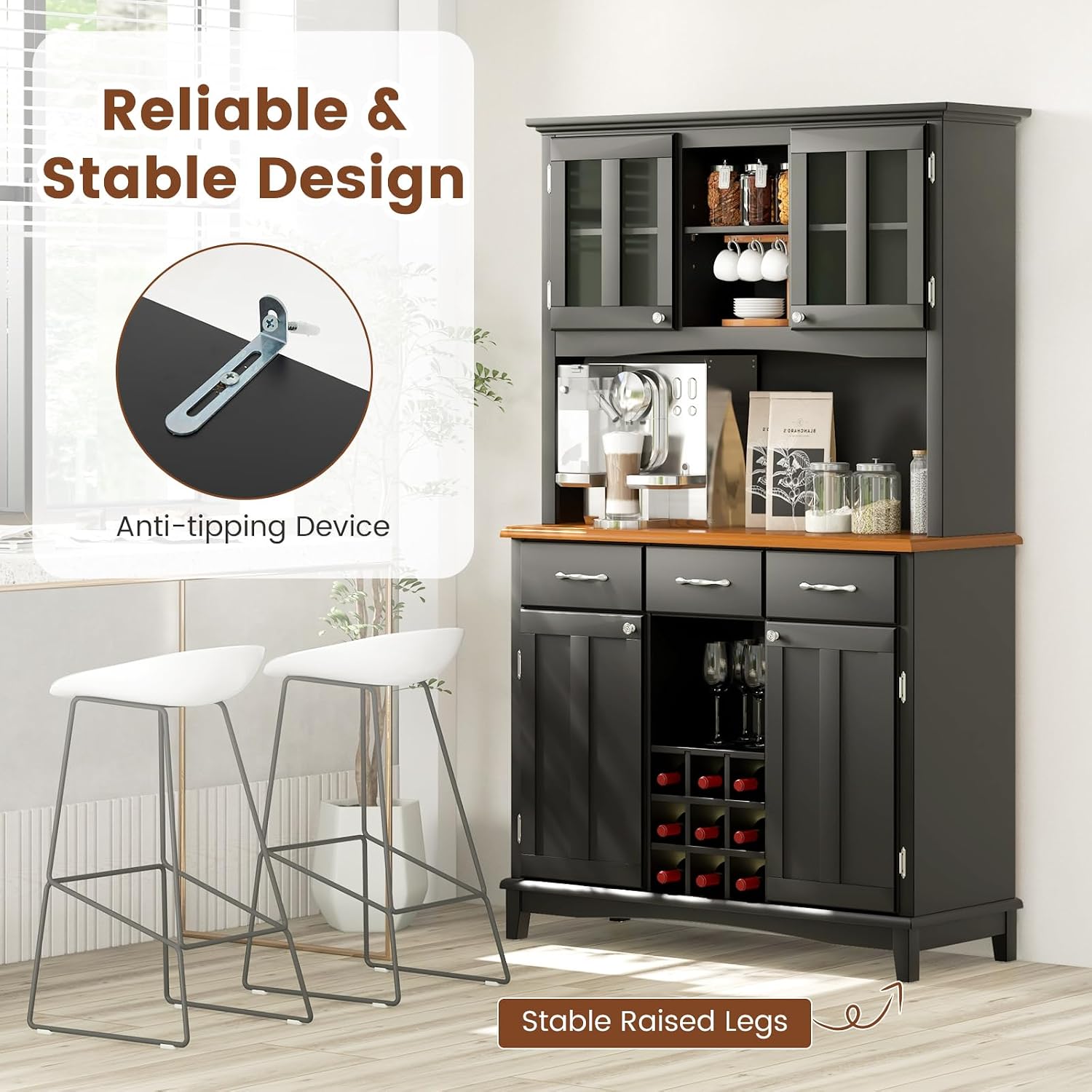 COSTWAY Kitchen Hutch Storage Cabinet, Freestanding Pantry Buffet Sideboard, Modern Buffet Cupboard w/Wine Rack, Adjustable Shelves, Tempered Glass Cabinets, Drawers, Microwave Stand (Black)