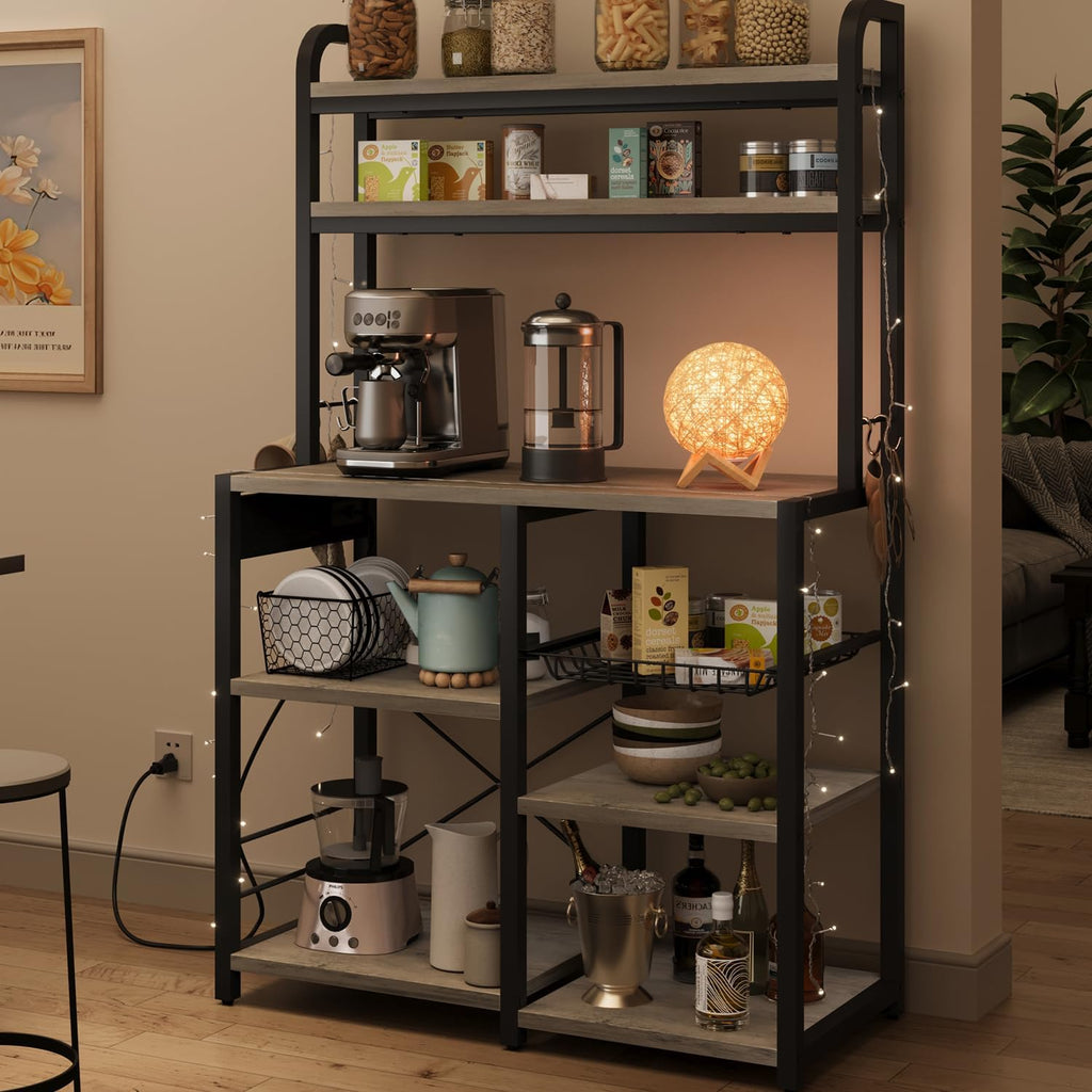 GAOMON Bakers Rack with Power Outlet, Kitchen Baker Rack with Wire Basket, Microwave Stand with Large Open Storage Shelves, 6-Tier Freestanding Utility Storage Shelf, Retro Gray
