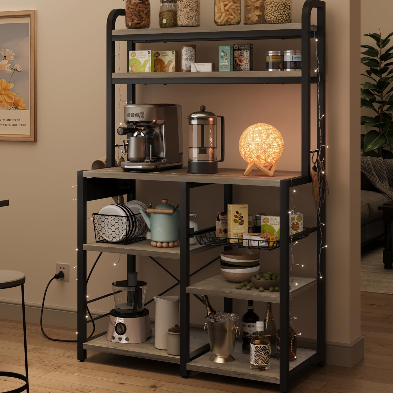 GAOMON Bakers Rack with Power Outlet, Kitchen Baker Rack with Wire Basket, Microwave Stand with Large Open Storage Shelves, 6-Tier Freestanding Utility Storage Shelf, Retro Gray