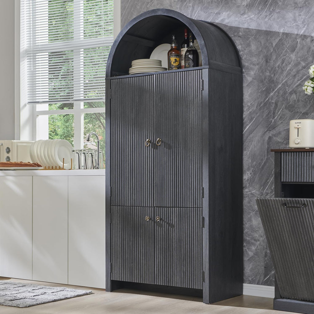 IFGET 71' Tall Arched Kitchen Pantry, Modern Fluted Wood Storage Cabinet with Doors, 3 Adjustable Shelves, 6 Door Shelves, Organizer, Versatile Cupboard for Kitchen,Bathroom, Dark Gray