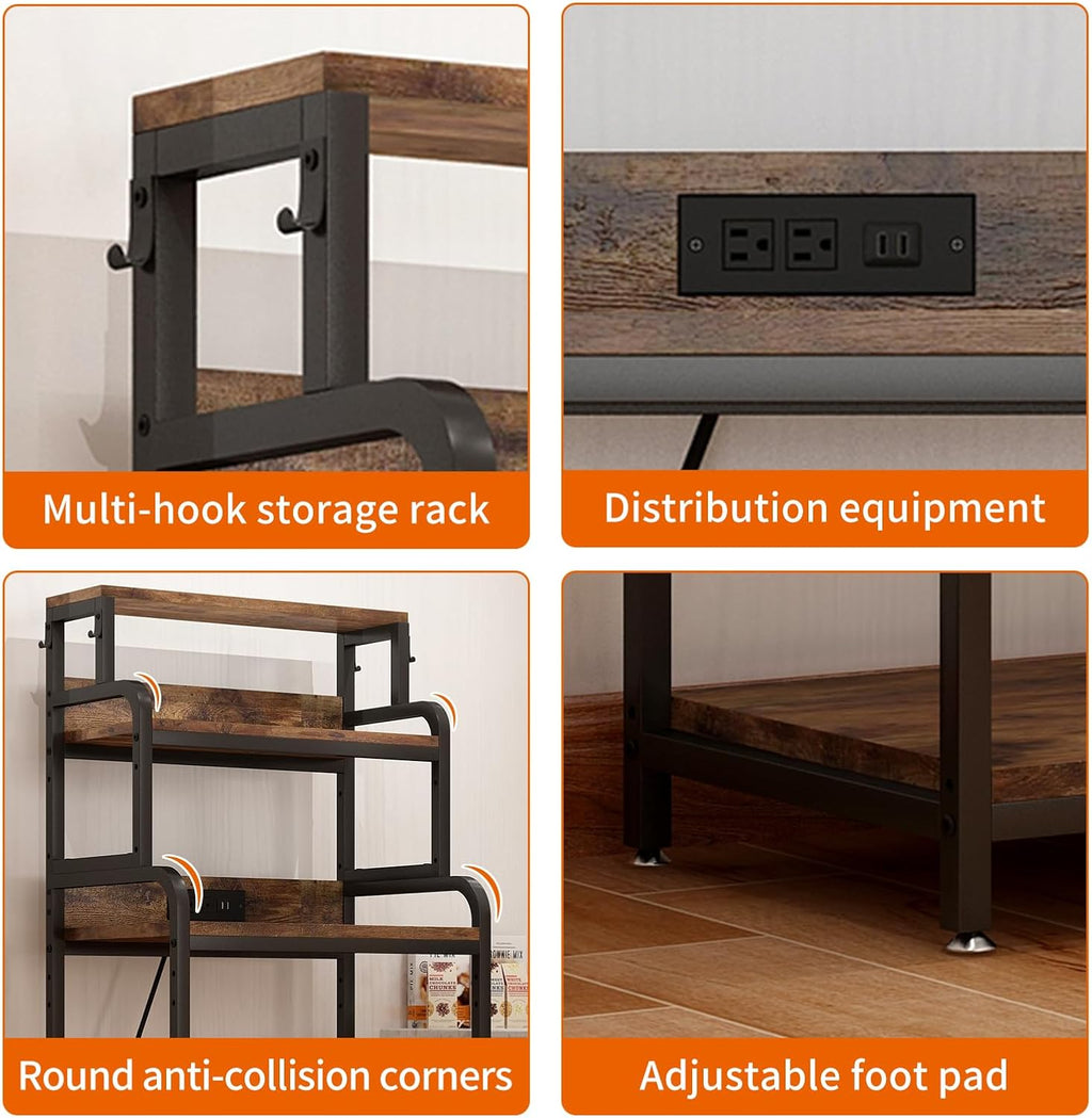 Mini Fridge Stand with Storage, Multifunctional 4-Tier Microwave Oven Stand with Adjustable Shelves and Hooks, Fridge Shelf & Bakers Rack with Power Outlet for Kitchen/Dorm/Living Room/Office, Black