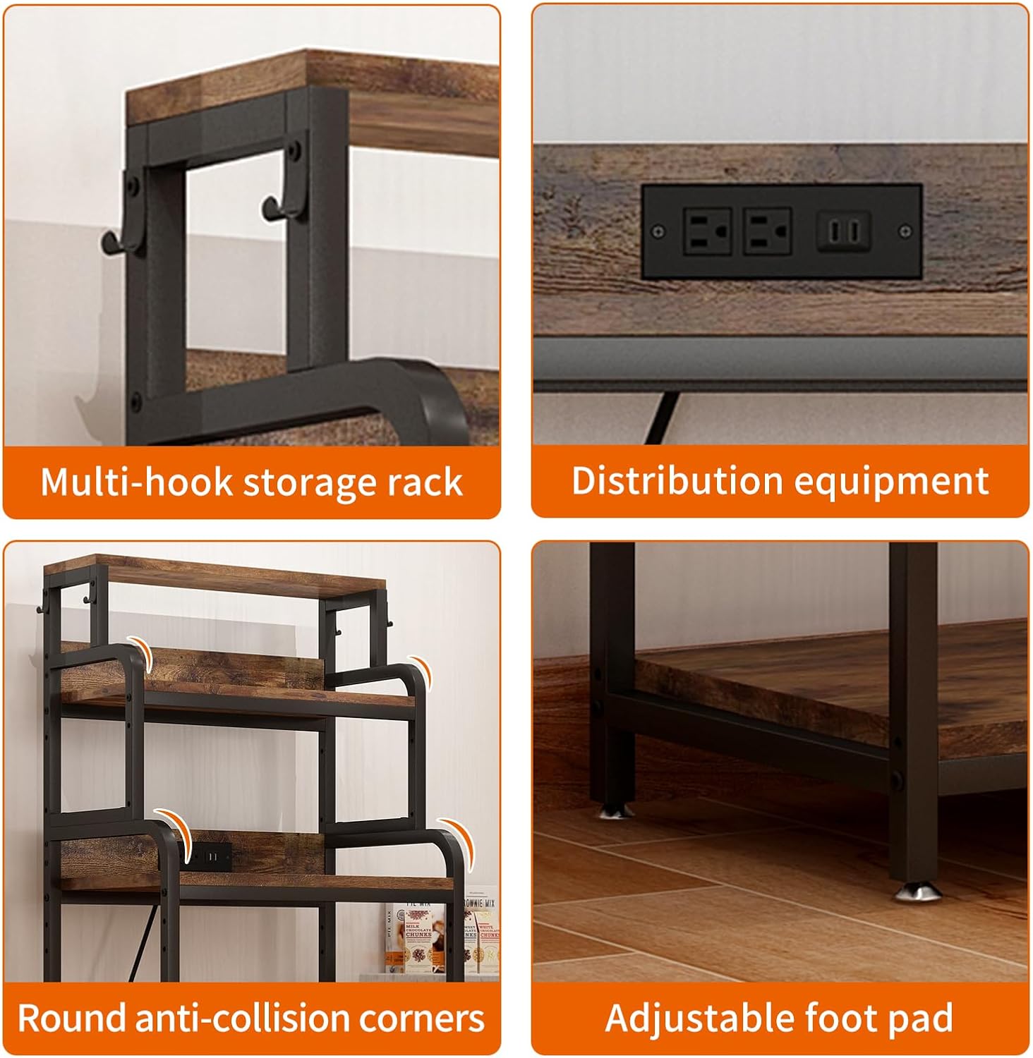 Mini Fridge Stand with Storage, Multifunctional 4-Tier Microwave Oven Stand with Adjustable Shelves and Hooks, Fridge Shelf & Bakers Rack with Power Outlet for Kitchen/Dorm/Living Room/Office, Black