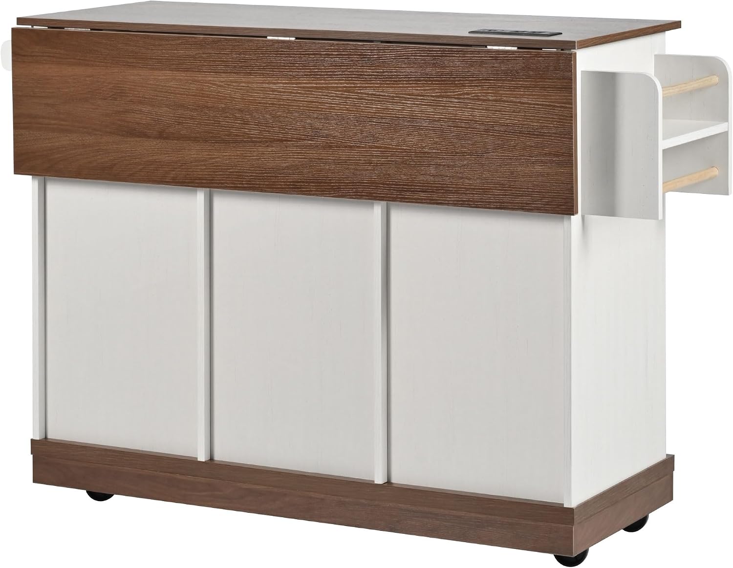 55.5' Farmhouse Kitchen Island with Drop Leaf, Barn Door and Power Outlet, Rolling Kitchen Cart on Wheels with Spice Rack, for Home, Kitchen, Dining Room (White+Brown)