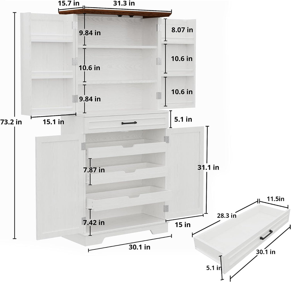 IRONCK Farmhouse Pantry Cabinet, 72' Tall Kitchen Storage Cabinet, Freestanding Cupboard with Sliding Rack & 6 Hanging Shelves,Kitchen Pantry Furniture for Dining Room, Easy Assembly, White