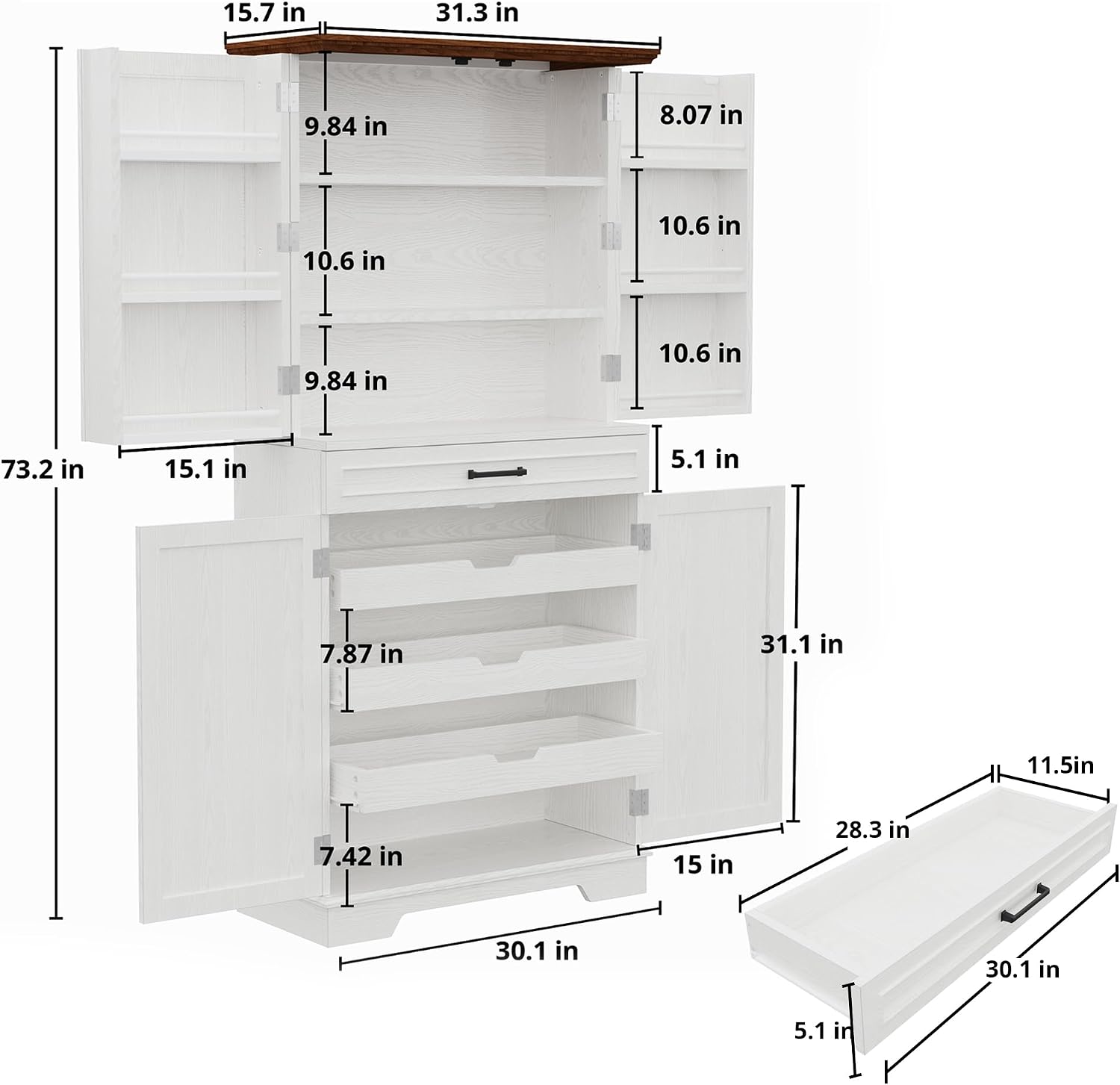 IRONCK Farmhouse Pantry Cabinet, 72' Tall Kitchen Storage Cabinet, Freestanding Cupboard with Sliding Rack & 6 Hanging Shelves,Kitchen Pantry Furniture for Dining Room, Easy Assembly, White