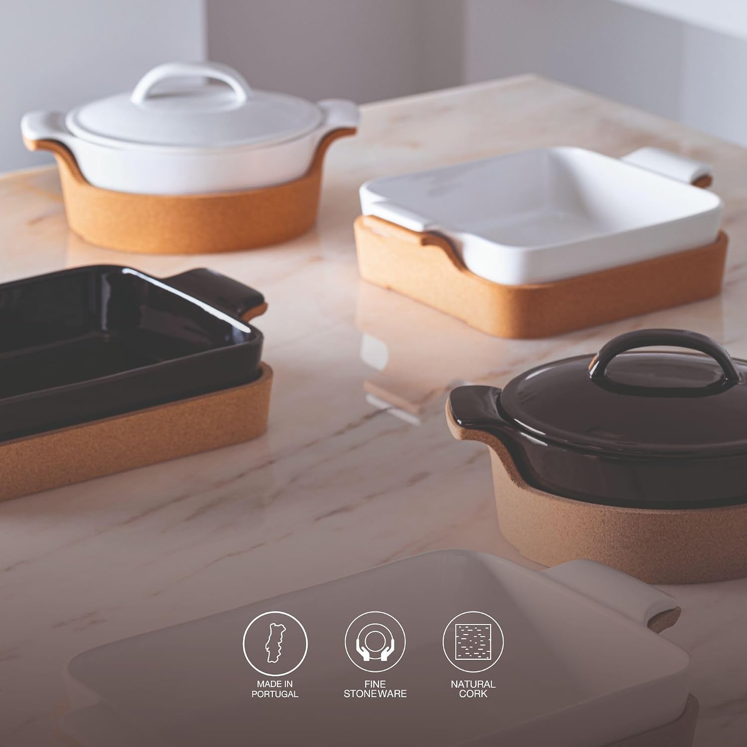 Casafina Ceramic 10' Square Baker with Cork Tray - Ensemble Collection, White | Oven & Dishwasher Safe Bakeware | Food Safe Glazing | Restaurant Quality Dinnerware