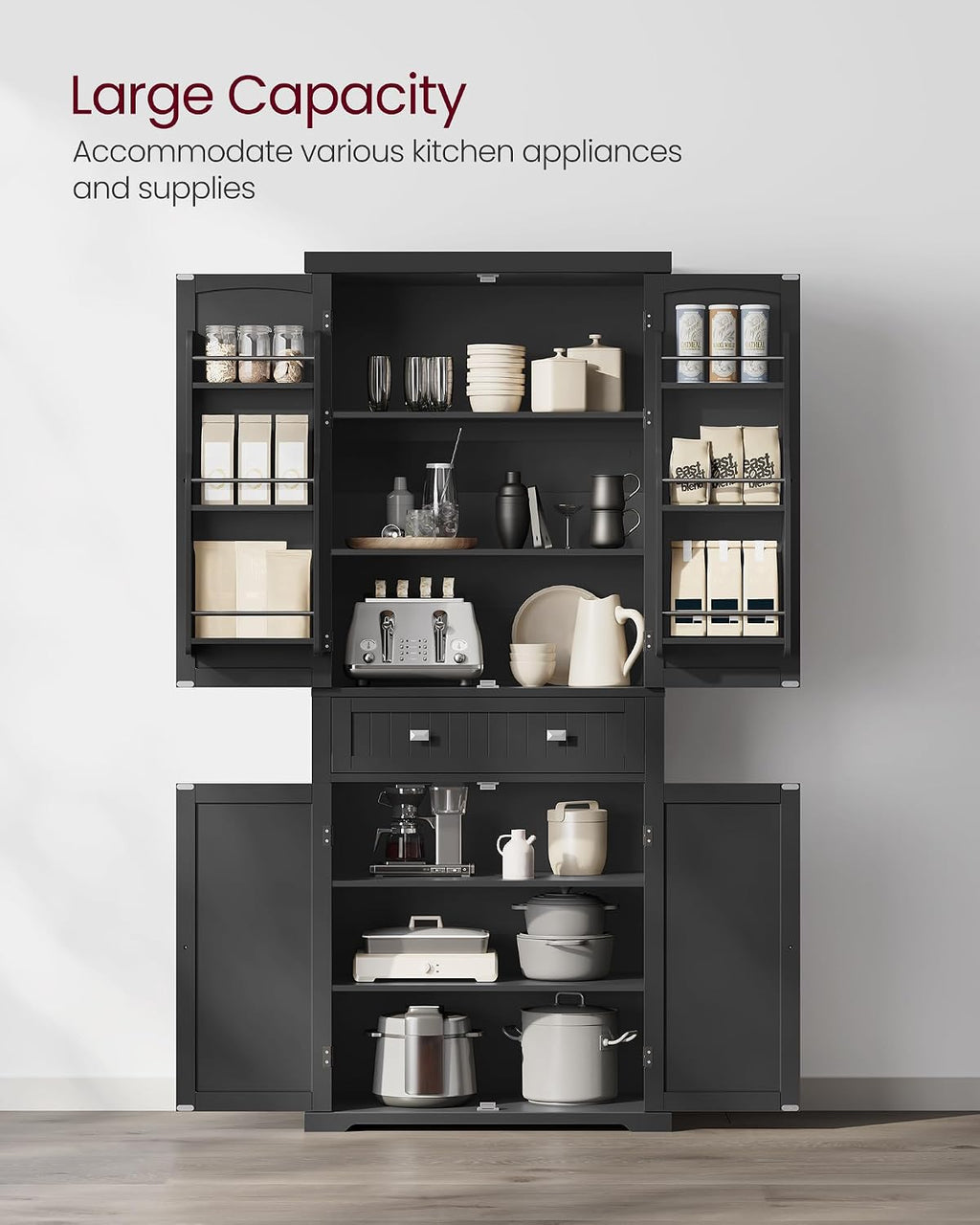 VASAGLE Pantry Cabinet, 71.7-Inch High Freestanding Tall Cupboard Storage Cabinet with a Drawer, 2 Cabinets, 4 Adjustable Shelves, 6 Door Shelves, for Living Room, Kitchen, Ink Black UBBC561B12