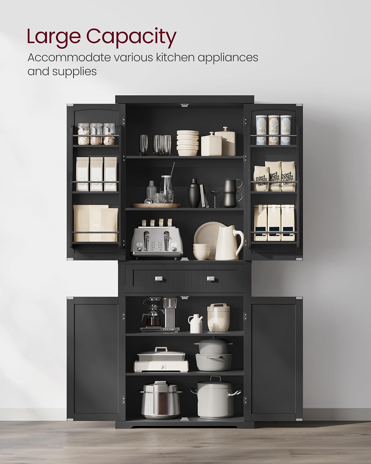 VASAGLE Pantry Cabinet, 71.7-Inch High Freestanding Tall Cupboard Storage Cabinet with a Drawer, 2 Cabinets, 4 Adjustable Shelves, 6 Door Shelves, for Living Room, Kitchen, Ink Black UBBC561B12