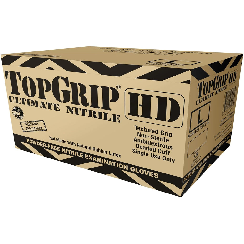 TopGrip 7 Mil Heavy-Duty Two-Layer Black Nitrile Disposable Exam Gloves, Textured Grip, Powder-Free, Chemical-Resistant (Case/1000, Small)