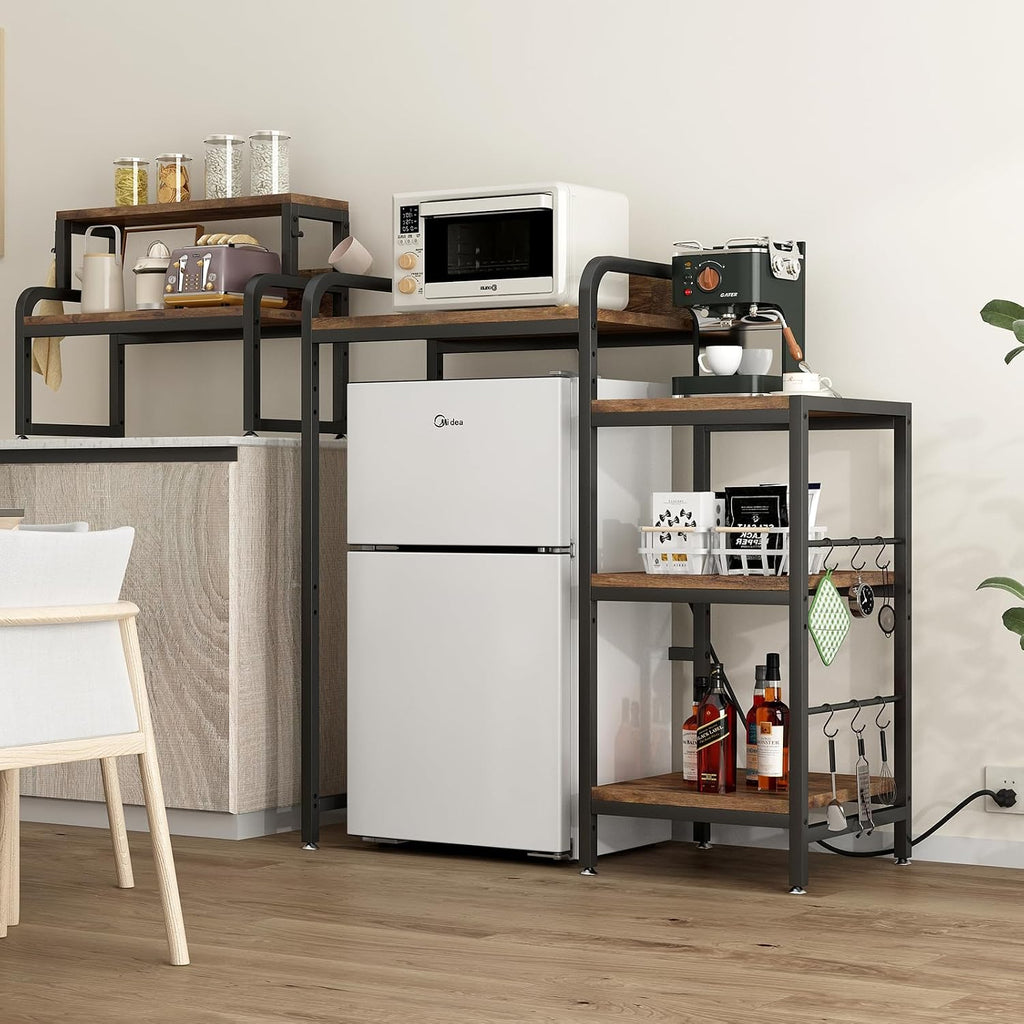 Multifunctional 7 Tier F Microwave Stand with 2 AC,2 USB Outlets Coffee Bar Bakers Rack Storage Shelf, Utility Storage Shelf, FCabinet for Kitchen, Dorm, Living Room, Brown