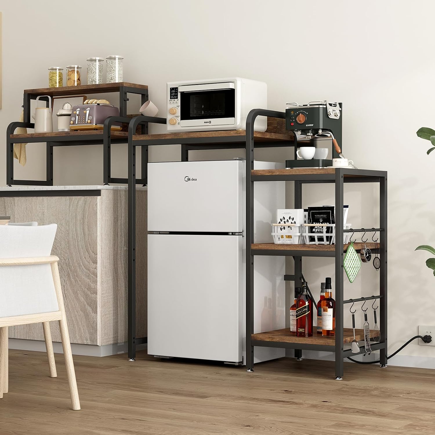 Multifunctional 7 Tier F Microwave Stand with 2 AC,2 USB Outlets Coffee Bar Bakers Rack Storage Shelf, Utility Storage Shelf, FCabinet for Kitchen, Dorm, Living Room, Brown