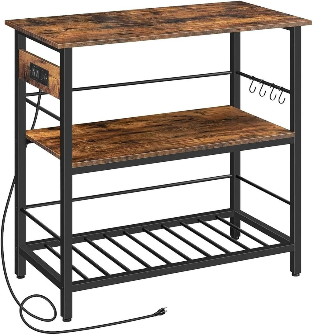 Storage Shelf HOOBRO Kitchen Island with Storage, Kitchen Island Table with Power Outlet, 3 Tier Coffee Station and Microwave Stand, for Home Storage Rack Floor-Standing(Rustic Brown Black)
