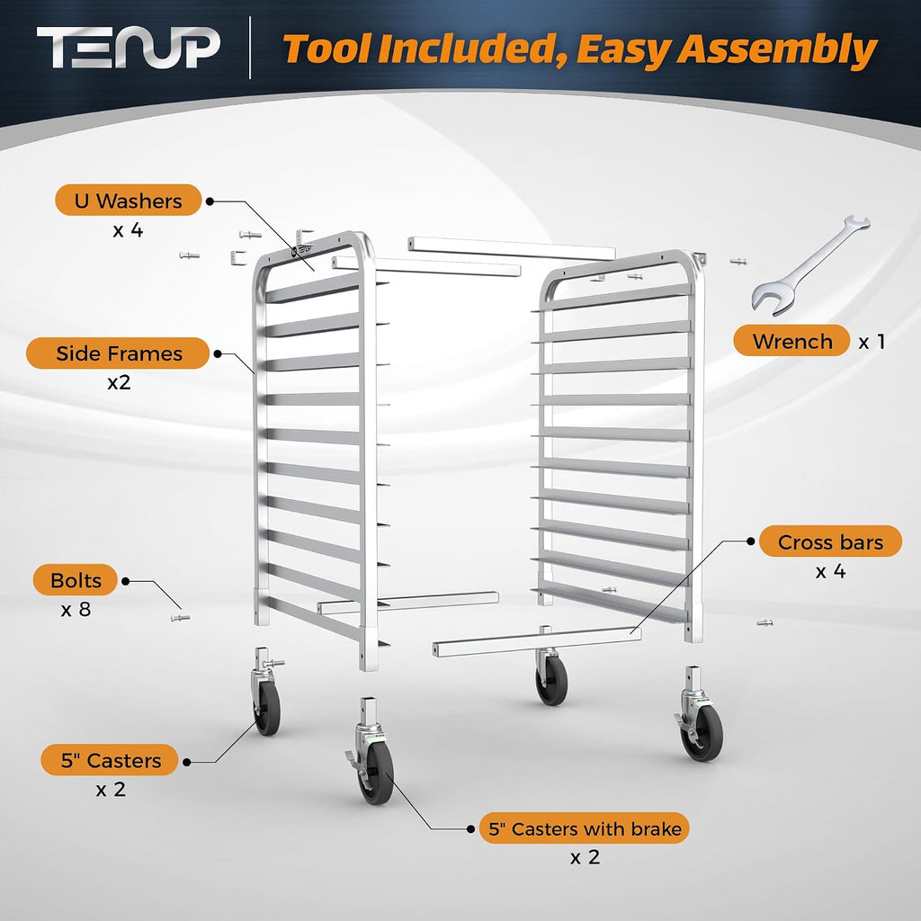 TenUp 10-Tier NSF Aluminum Sheet Pan Rack, Commercial Bakery Cooling & Storage Cart with Wheels, Heavy-Duty Bun Rack – 26' L x 20' W x 38' H