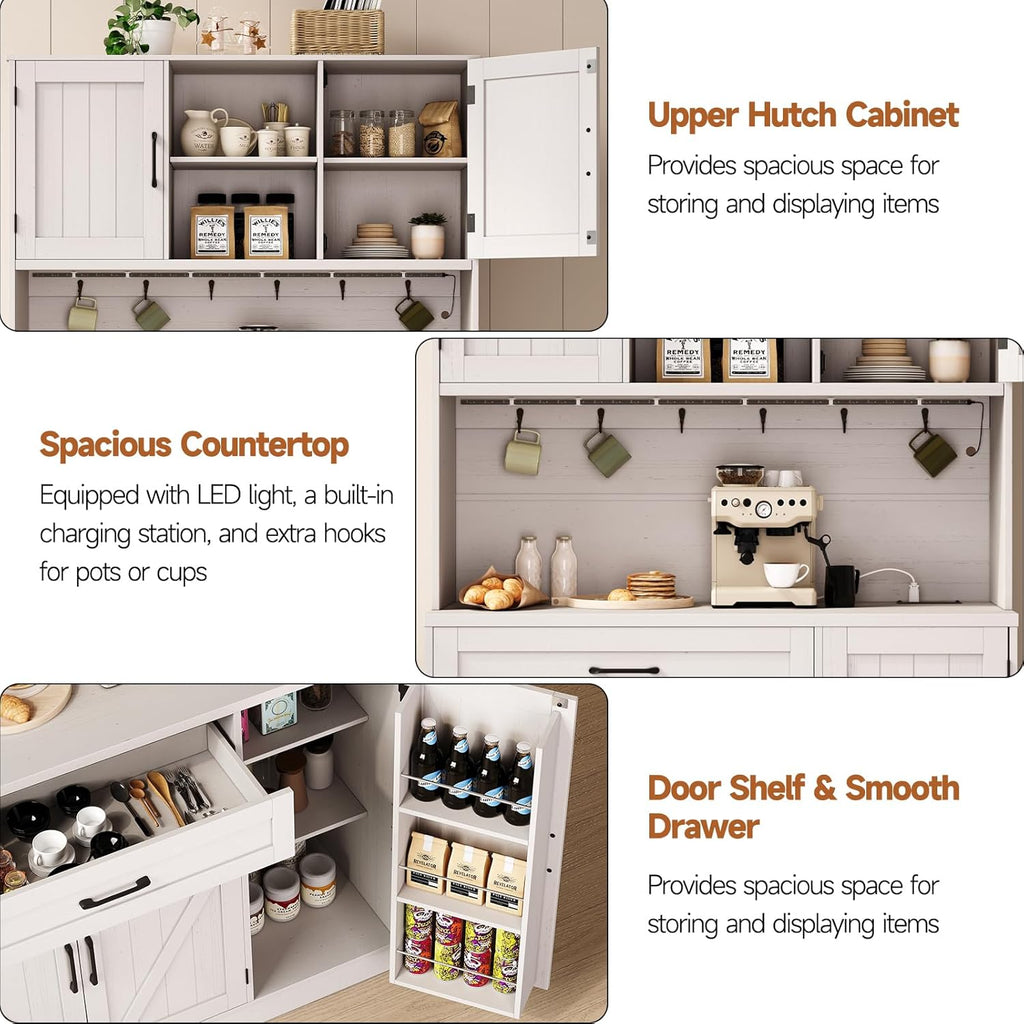 ONBRILL 71' Pantry Cabinet, Kitchen Pantry Storage Cabinet with LED Light & Outlet, Kitchen Hutch with Microwave Shelf & 6 Hooks, Door Shelves & Drawer & Adjustable Shelves, for Dining Room