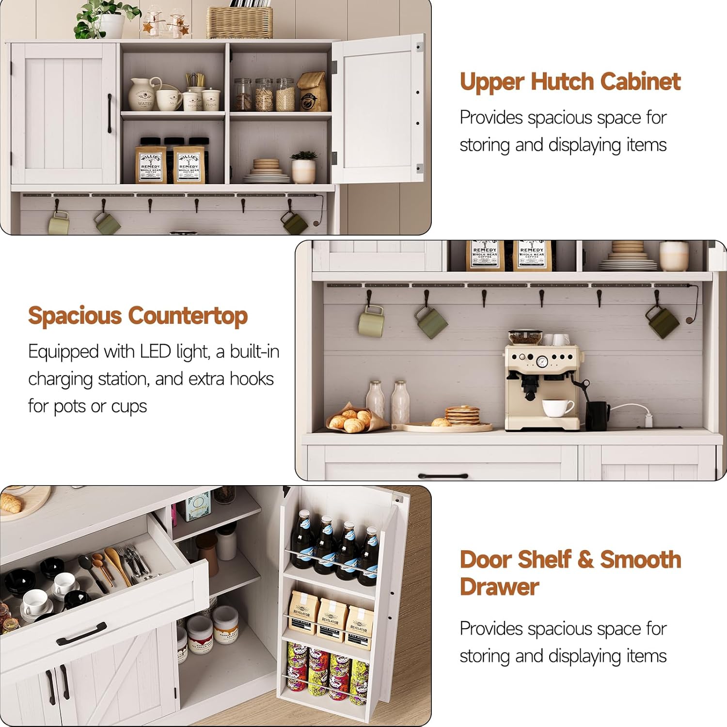 ONBRILL 71' Pantry Cabinet, Kitchen Pantry Storage Cabinet with LED Light & Outlet, Kitchen Hutch with Microwave Shelf & 6 Hooks, Door Shelves & Drawer & Adjustable Shelves, for Dining Room