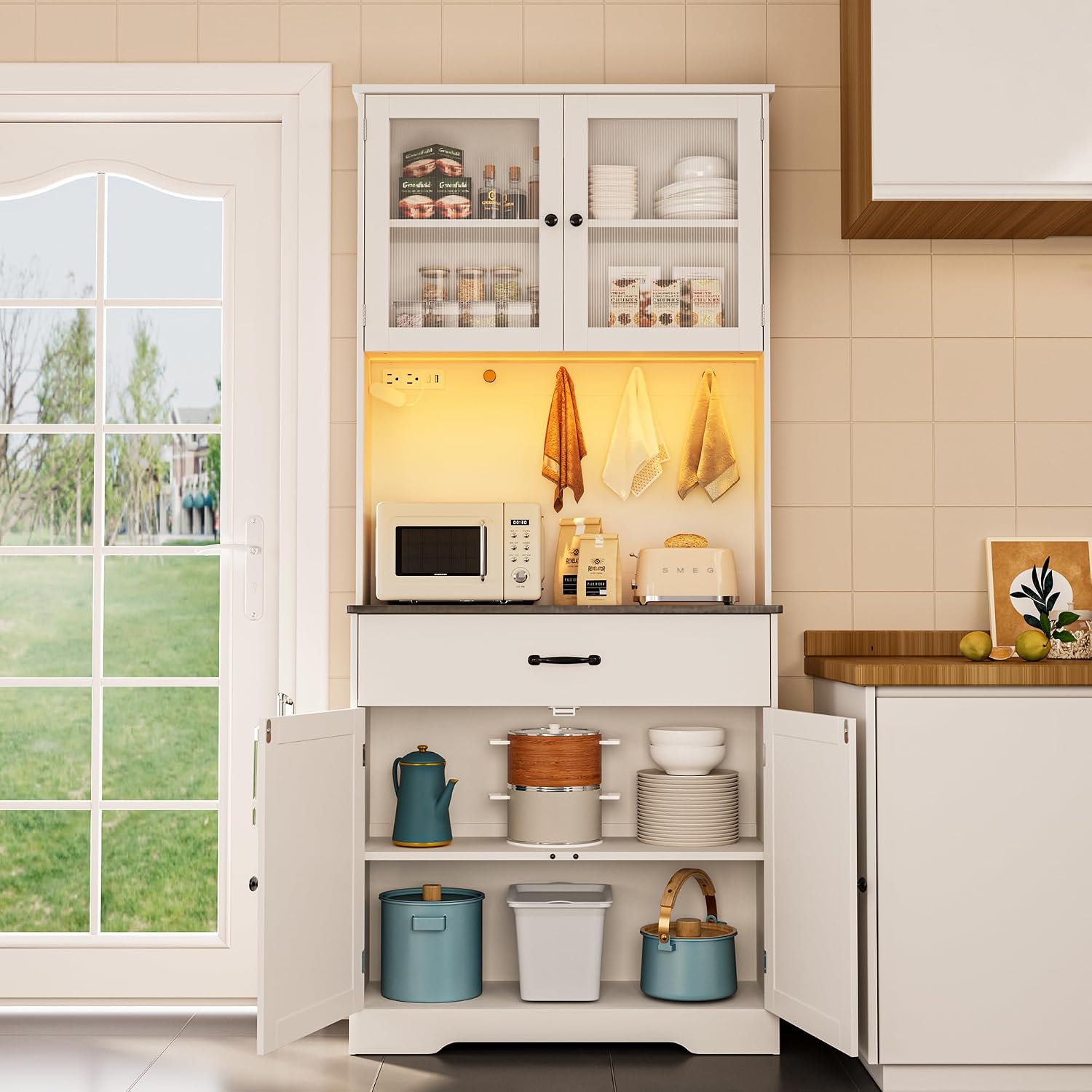 Gizoon 71' H Pantry Cabinet with LED Lights, Tall Farmhouse Kitchen Storage Cabinet with Charging Station, Modern Coffee Bar with Doors and Drawers, for Dining Room, Tabletop-Grey