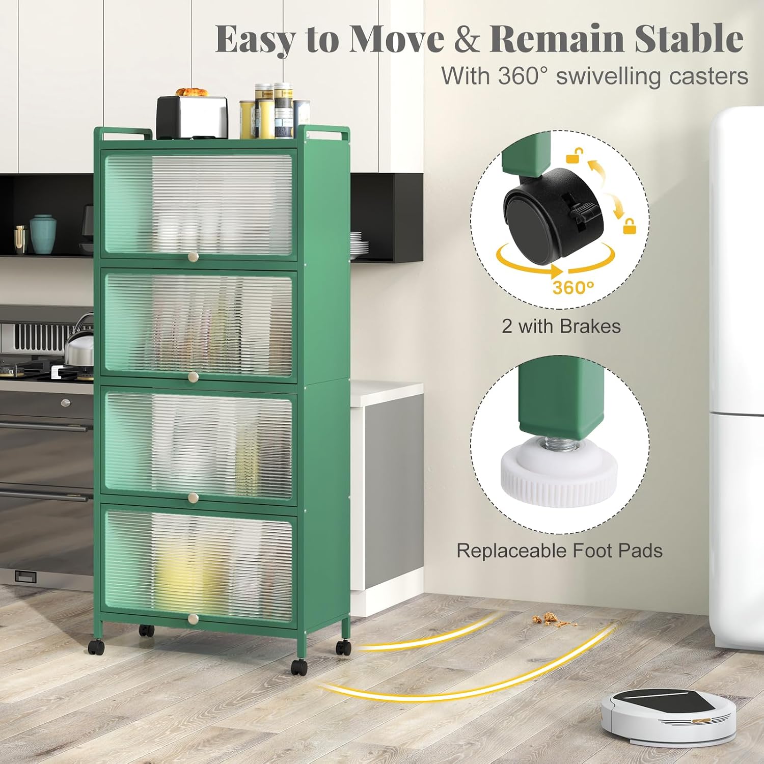SIMOE Green 5-Tier Kitchen Storage Cabinet, Mobile Microwave Stand with Flip-Up PC Doors, Freestanding Baker's Rack w/ 4 Rolling Casters for Dining Room, Living Room and Study