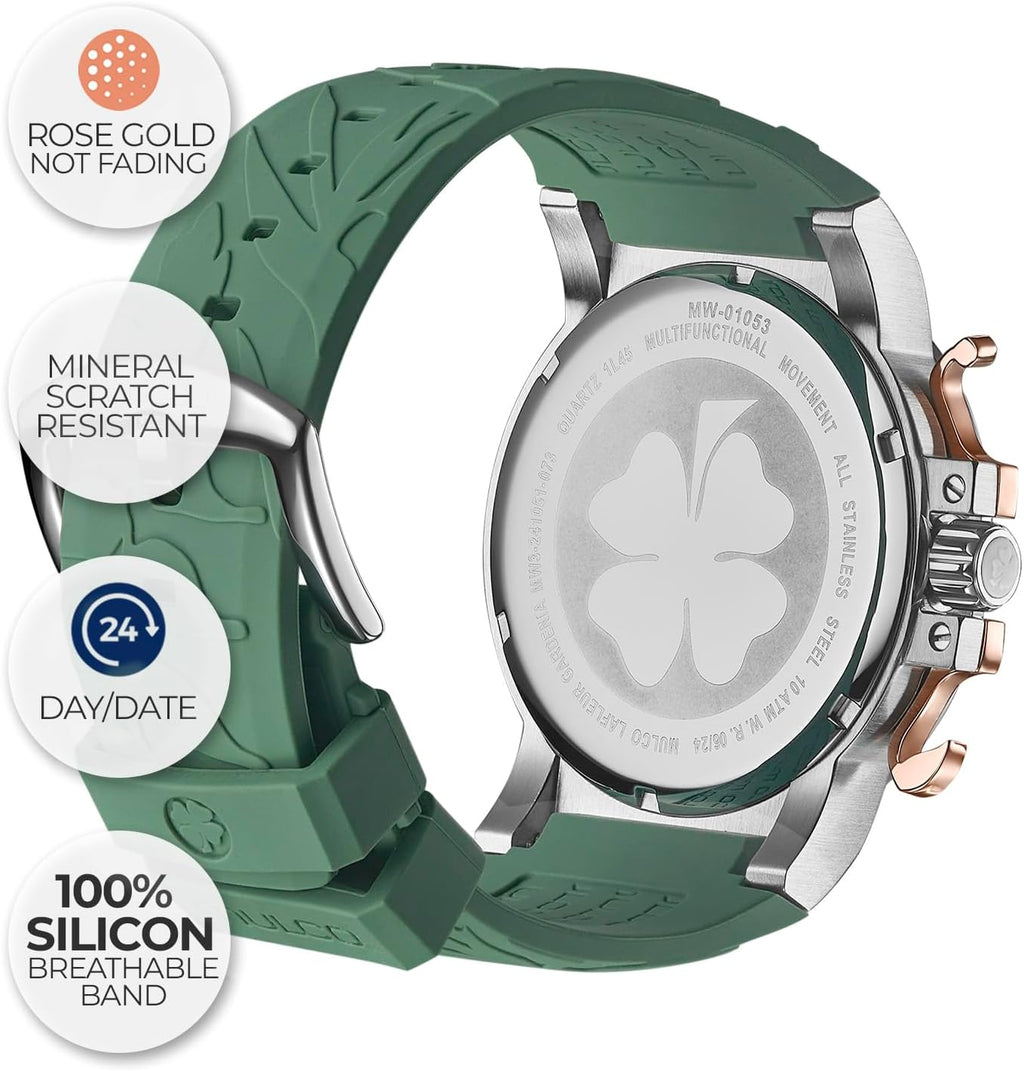 MULCO Le Fleur Gardenia Women's Watch – 43 mm Stainless-Steel Case, Rose-Gold Bezel, Mother-of-Pearl Dial with Crystal Accents, Pure Silicone Strap, Quartz Multifunction Movement, 10 ATM Waterproof