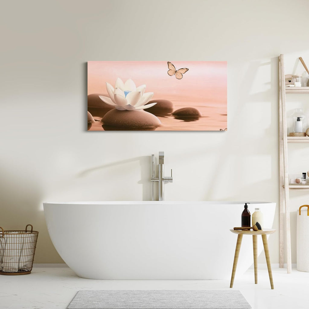 Erosebridal Lotus Water Lily Flower Canvas Wall Decor 58''X 29'',Butterfly Animal Artwork Poster,Zen Stone Simple Skin Color Pattern Large Wall Art