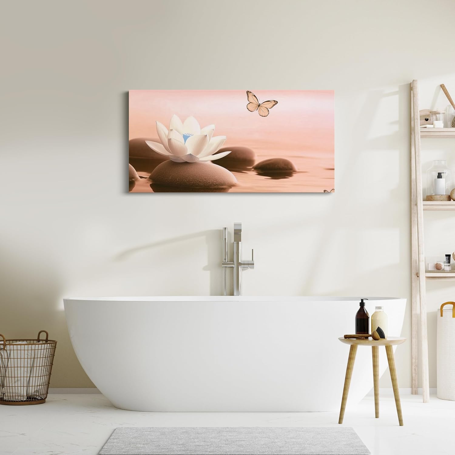 Erosebridal Lotus Water Lily Flower Canvas Wall Decor 58''X 29'',Butterfly Animal Artwork Poster,Zen Stone Simple Skin Color Pattern Large Wall Art