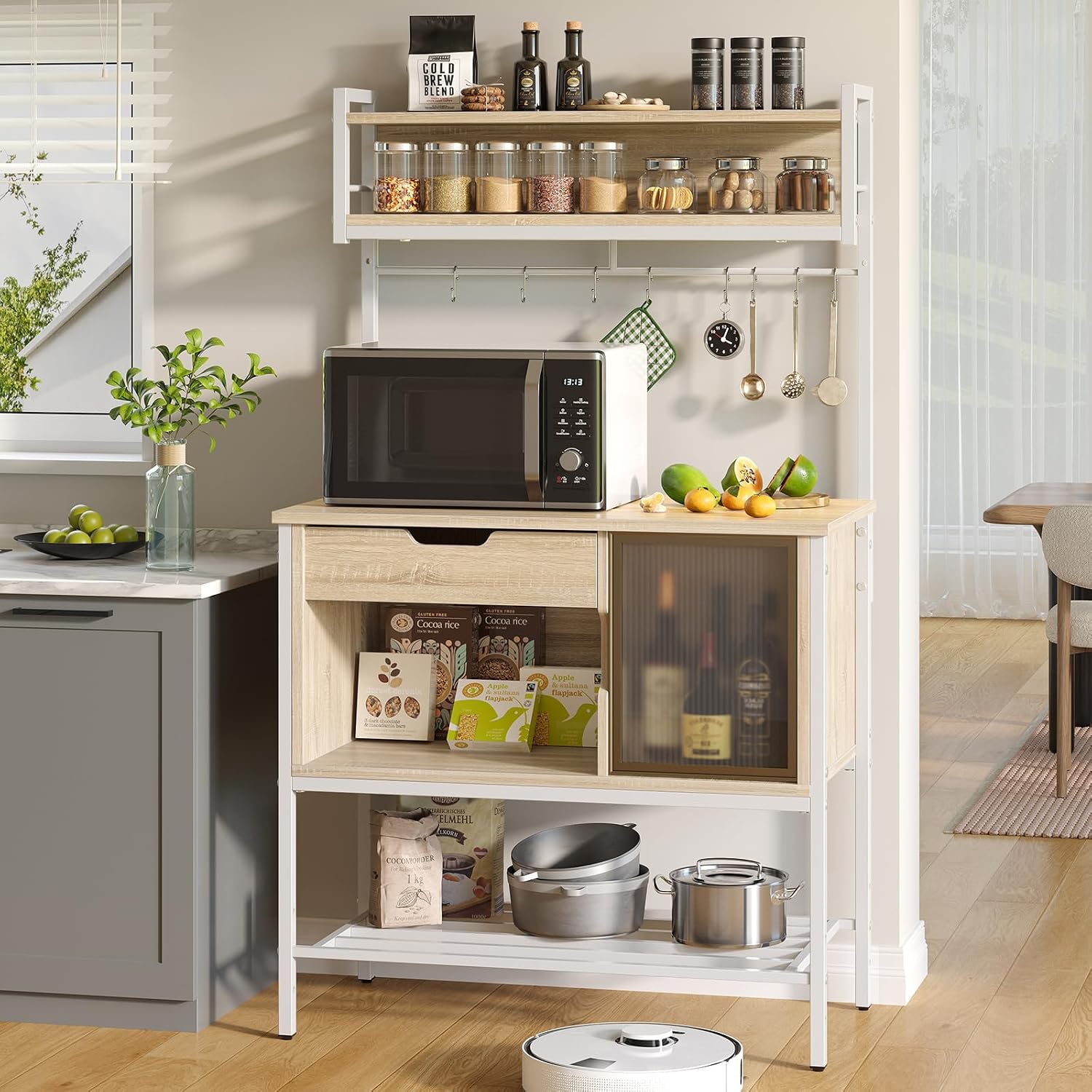 Bestier Bakers Rack with LED Lights, 6 Tier Microwave Stand with Storage Drawer Cabinet, Kitchen Coffee Bar Table with 8 Hooks, Heavy Duty Storage Shelves for Kitchen Garage Pantry(Oak Light)
