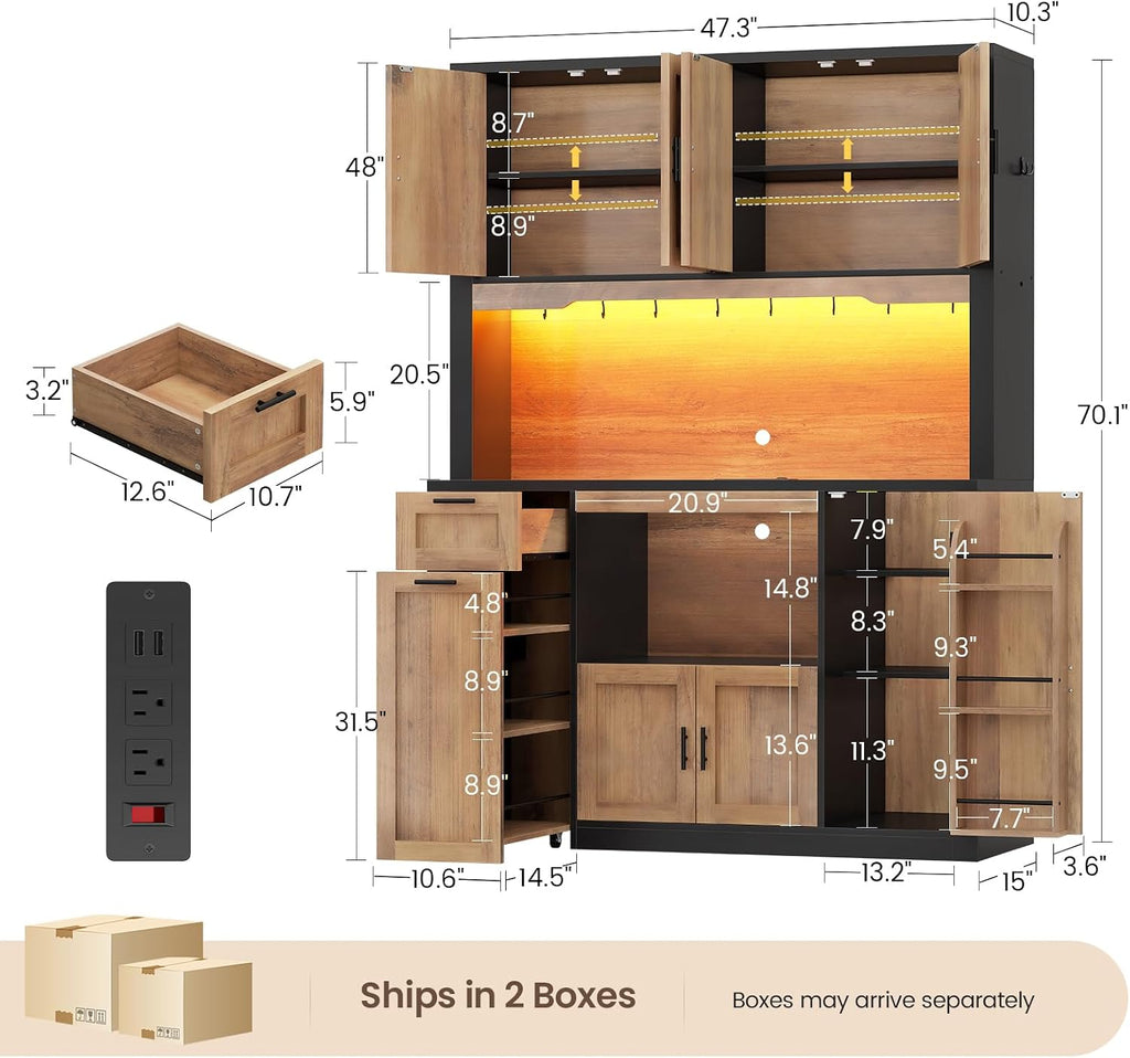 Itaar 71' Pantry Cabinet with Charging Station and LED Light, Kitchen Pantry Cabinet with Microwave Stand, 47.2' Wide Kitchen Storage Cabinets with Storage Cart 3 Tier for Dining Room,Brown