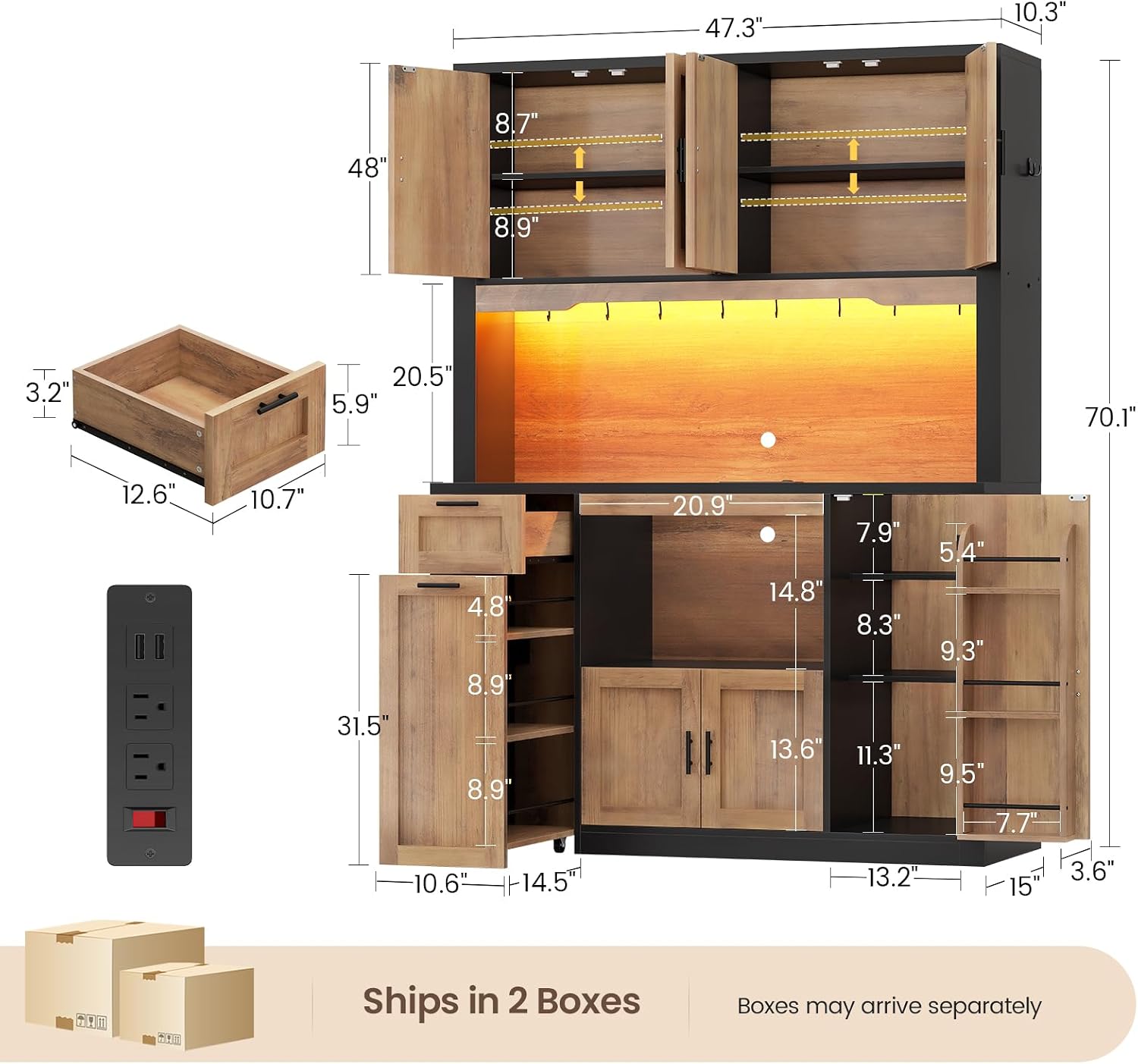 Itaar 71' Pantry Cabinet with Charging Station and LED Light, Kitchen Pantry Cabinet with Microwave Stand, 47.2' Wide Kitchen Storage Cabinets with Storage Cart 3 Tier for Dining Room,Brown