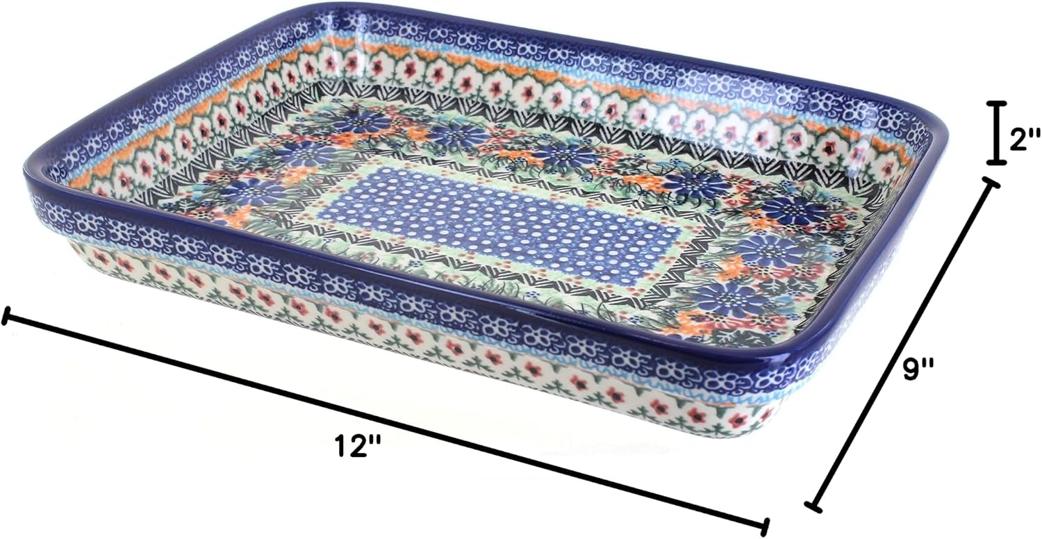 Blue Rose Polish Pottery - Orange Ashley Medium Rectangular Baker - 12' x 9.25' - Unique, Dishwasher Safe, & Durable Bakeware