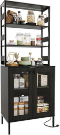 Towallmark 67 Inch Farmhouse Bakers Rack with Power Outlet & LED Lights, Kitchen Coffee Bar Cabinet Microwave Stand with Storage, Liquor Bar Cabinet with Adjustable Shelves and Hutch, Brown