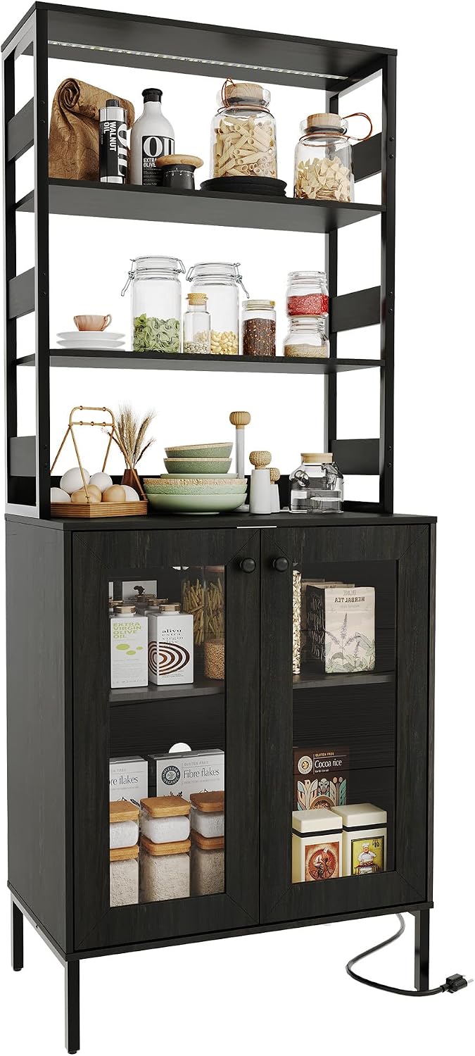 Towallmark 67 Inch Farmhouse Bakers Rack with Power Outlet & LED Lights, Kitchen Coffee Bar Cabinet Microwave Stand with Storage, Liquor Bar Cabinet with Adjustable Shelves and Hutch, Brown