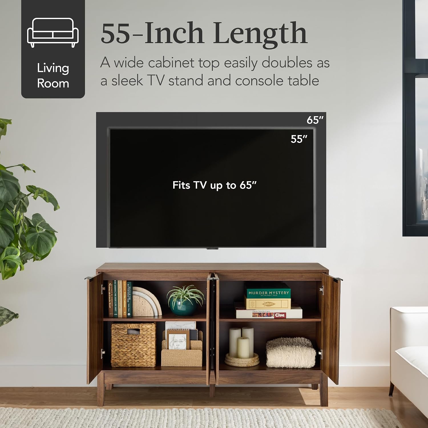 Best Choice Products 55' Modern 4-Door Sideboard Storage Cabinet, Buffet, Media Cabinet, Cupboard, Entryway Accent Table, Bookcase w/Reed Panels and Adjustable Shelves – Walnut