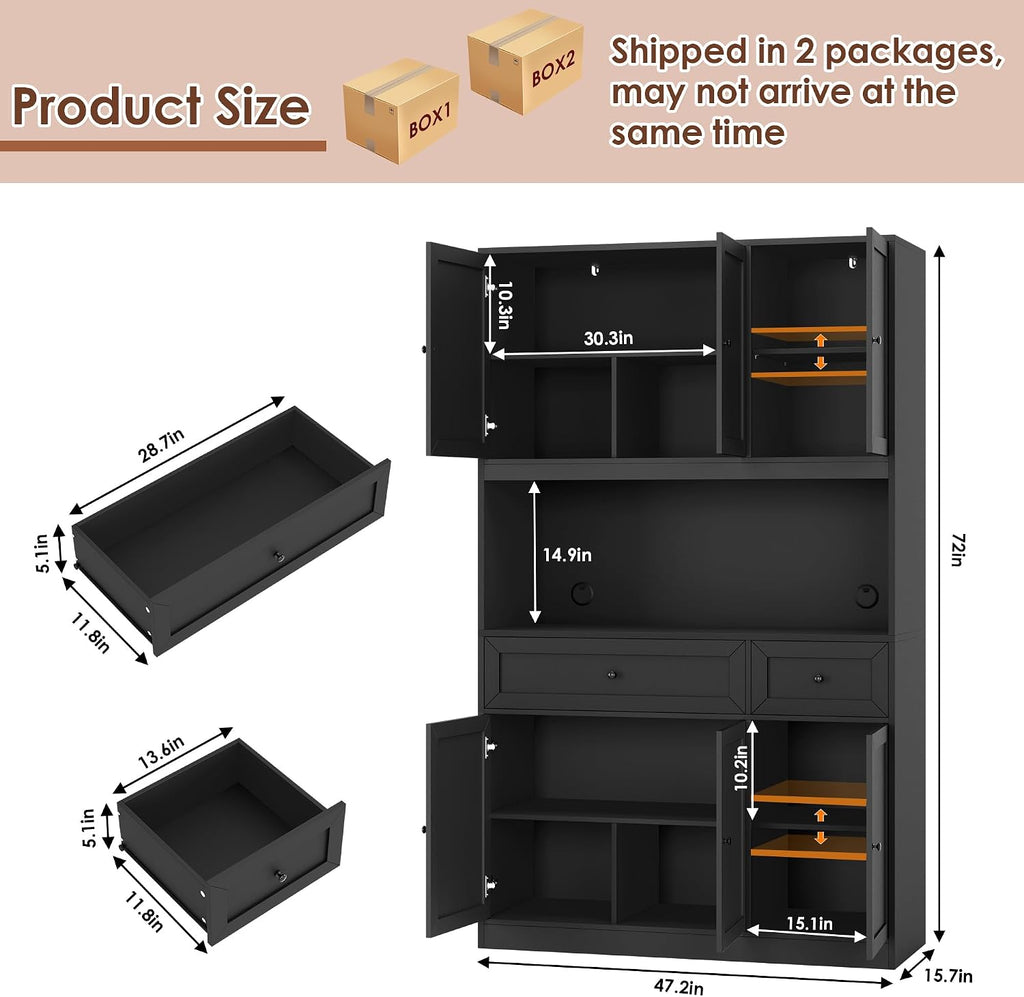 BOTLOG 72' Kitchen Pantry Cabinet, Kitchen Hutch with Microwave Stand, Buffet Cabinet with Hutch for Dining Room, Black