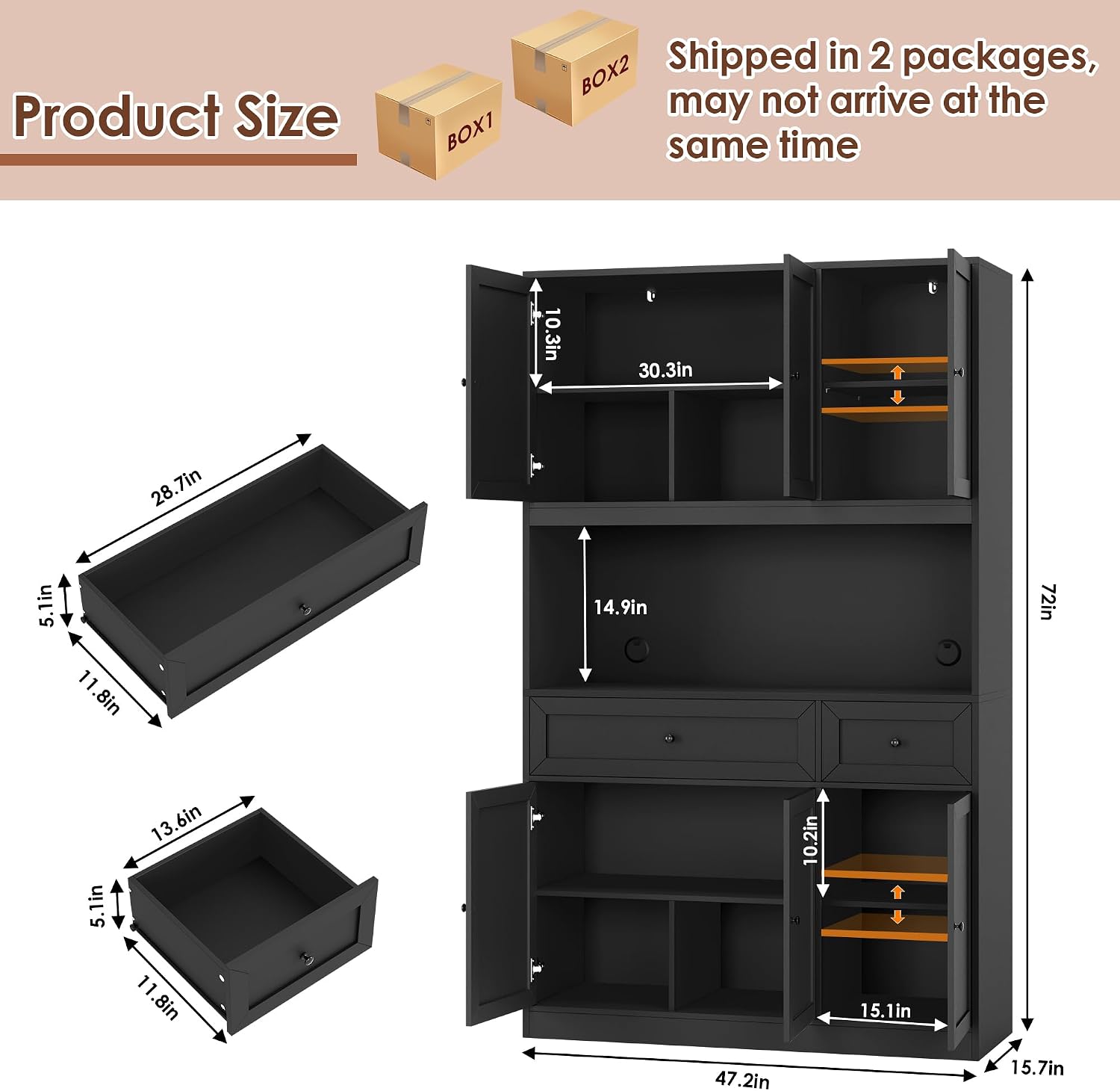BOTLOG 72' Kitchen Pantry Cabinet, Kitchen Hutch with Microwave Stand, Buffet Cabinet with Hutch for Dining Room, Black