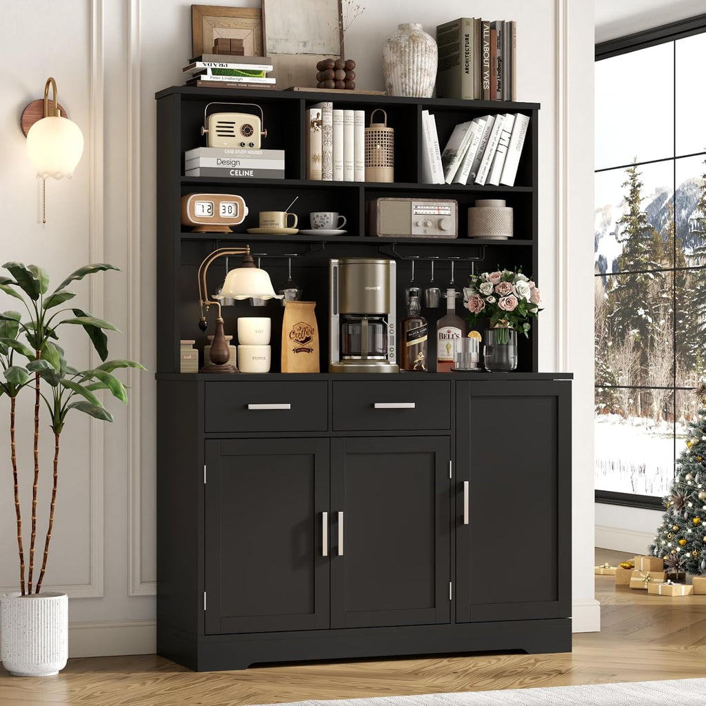 Tall Pantry Cabinet, Modern Kitchen Hutch with Microwave Stand, Kitchen Pantry Storage Cabinet with 2 Darwers & Door Shelf, Food Pantry with Goblet Holders & Adjustable Shelves for Dining Room, Black