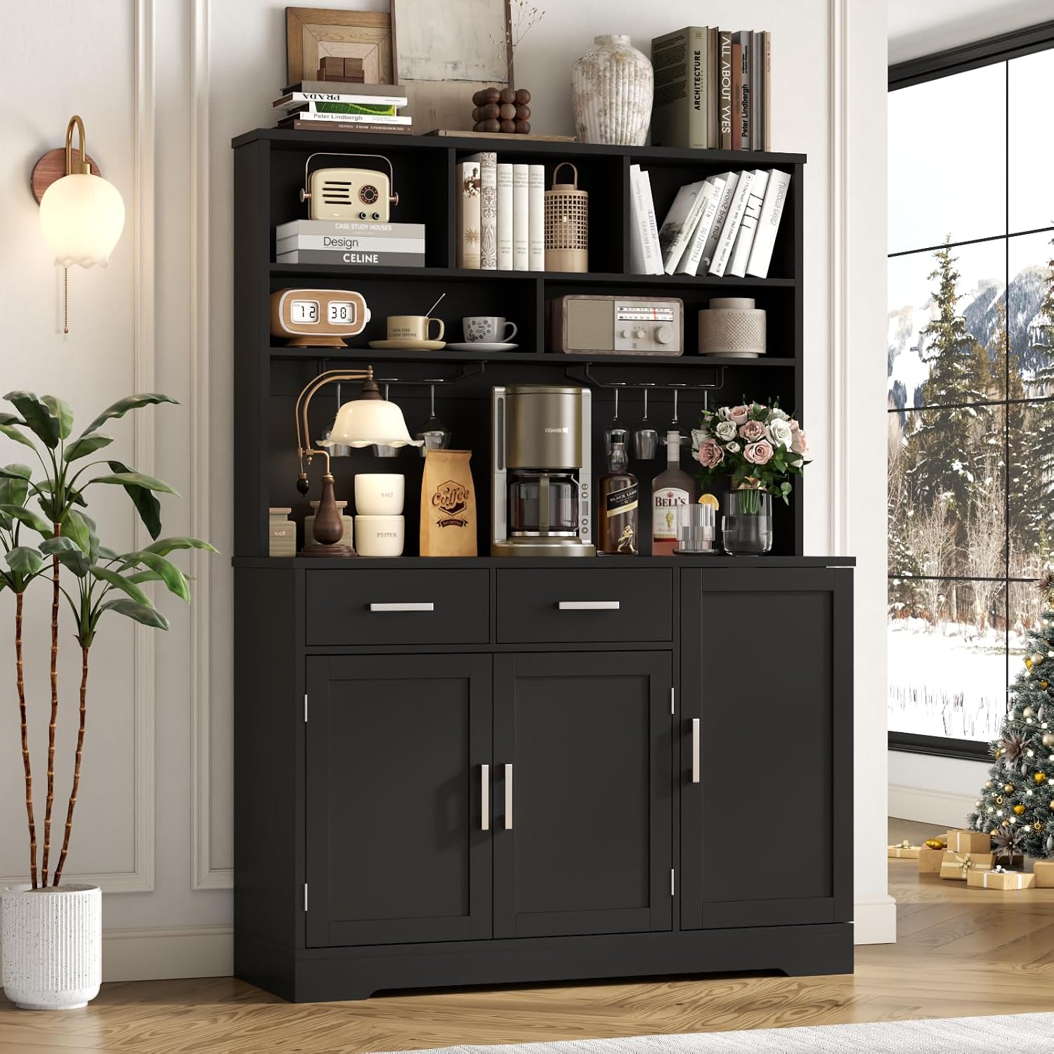 Tall Pantry Cabinet, Modern Kitchen Hutch with Microwave Stand, Kitchen Pantry Storage Cabinet with 2 Darwers & Door Shelf, Food Pantry with Goblet Holders & Adjustable Shelves for Dining Room, Black