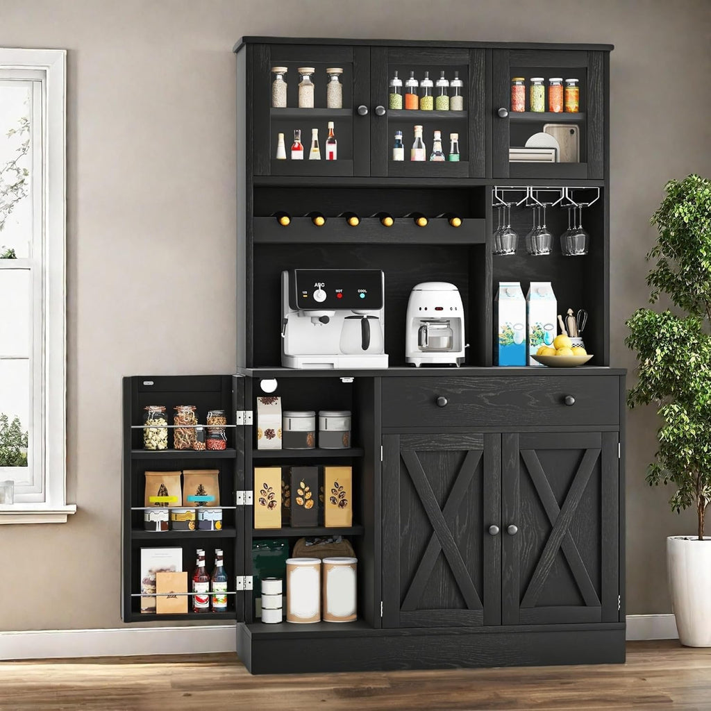 YITAHOME 71''H Kitchen Pantry Cabinet with Drawer, Doors, Goblet Holder, Wine Rack for Storage, Tall Cabinet with Power Outlet for Kitchen & Living Room (Black Oak)