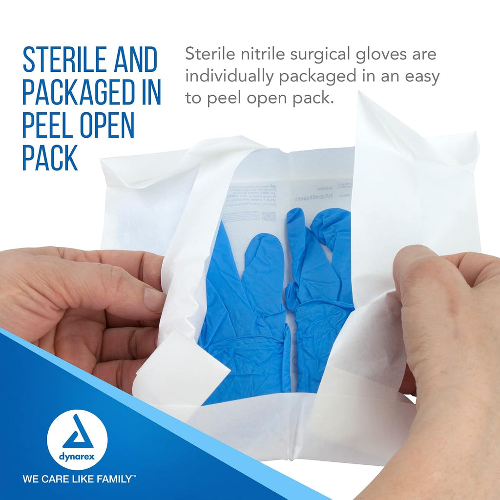 Dynarex Sterile Disposable Nitrile Exam Gloves, Powder-Free, Sterilely Packaged in Pairs, Textured Palms, Blue, Medium, 1 Case - 8 Boxes of 50 Pairs
