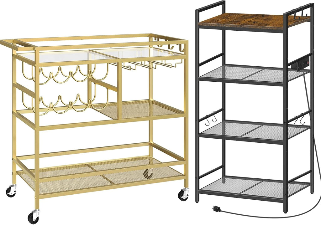 MAHANCRIS Bakers Rack with Power Outlet and Bar Cart for Home Bundle, 3-Tier Serving Cart, BRHB40E01-RCGD81B01