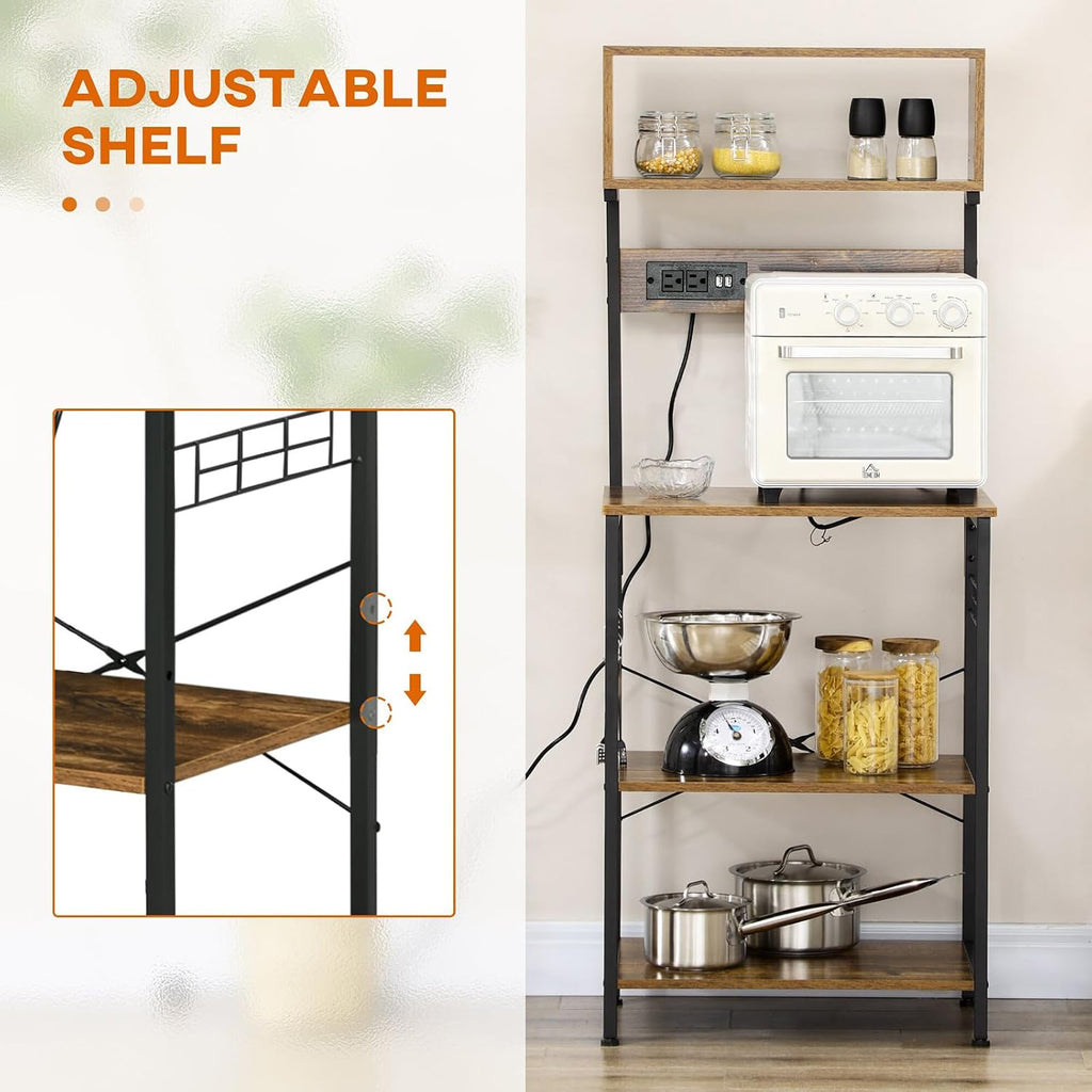 Kitchen Baking Rack with Power Socket, Microwave Stand with Adjustable Shelves and 5 Hooks, 4-Tier Stand for Kitchen, Living Room, Small Space, Mini Narrow Bread Rack, Country Brown
