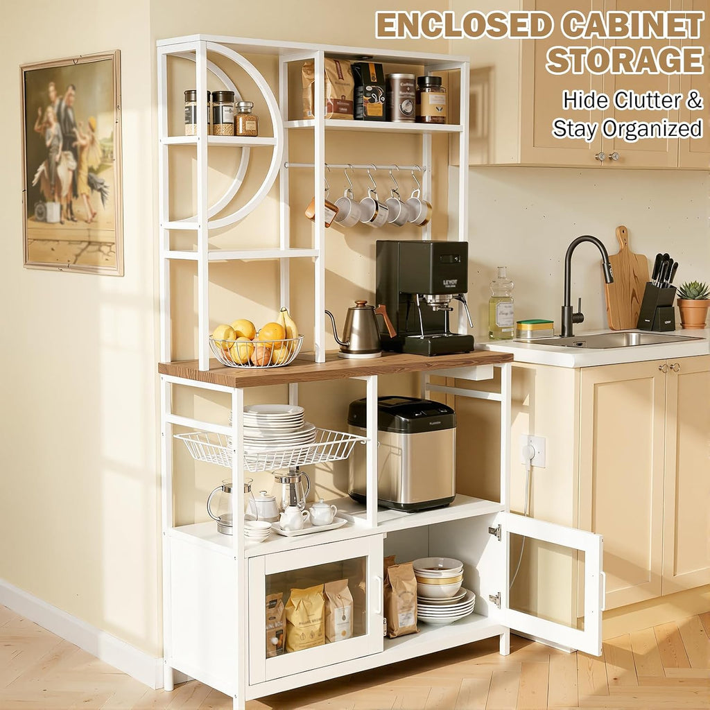 Uieke Bakers Rack with Power Outlet and Storage, Kitchen Bakers Rack with Cabinet & 10 Hooks, Coffee Bar Cabinet, Microwave Stand, 5 Tiers Kitchen Storage Rack for Dining Room & Small Spaces, White