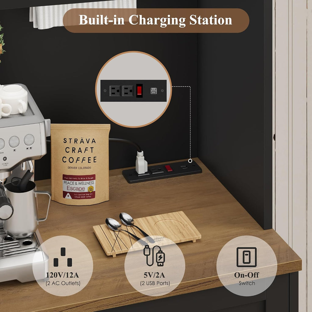 HOSTACK 75.4' Tall Kitchen Pantry Cabinet with Charging Station, Modern White Kitchen Hutch with Microwave Stand and Wine Rack, Large Food Pantry Storage Cabinet with Glass Doors and Drawers, Black