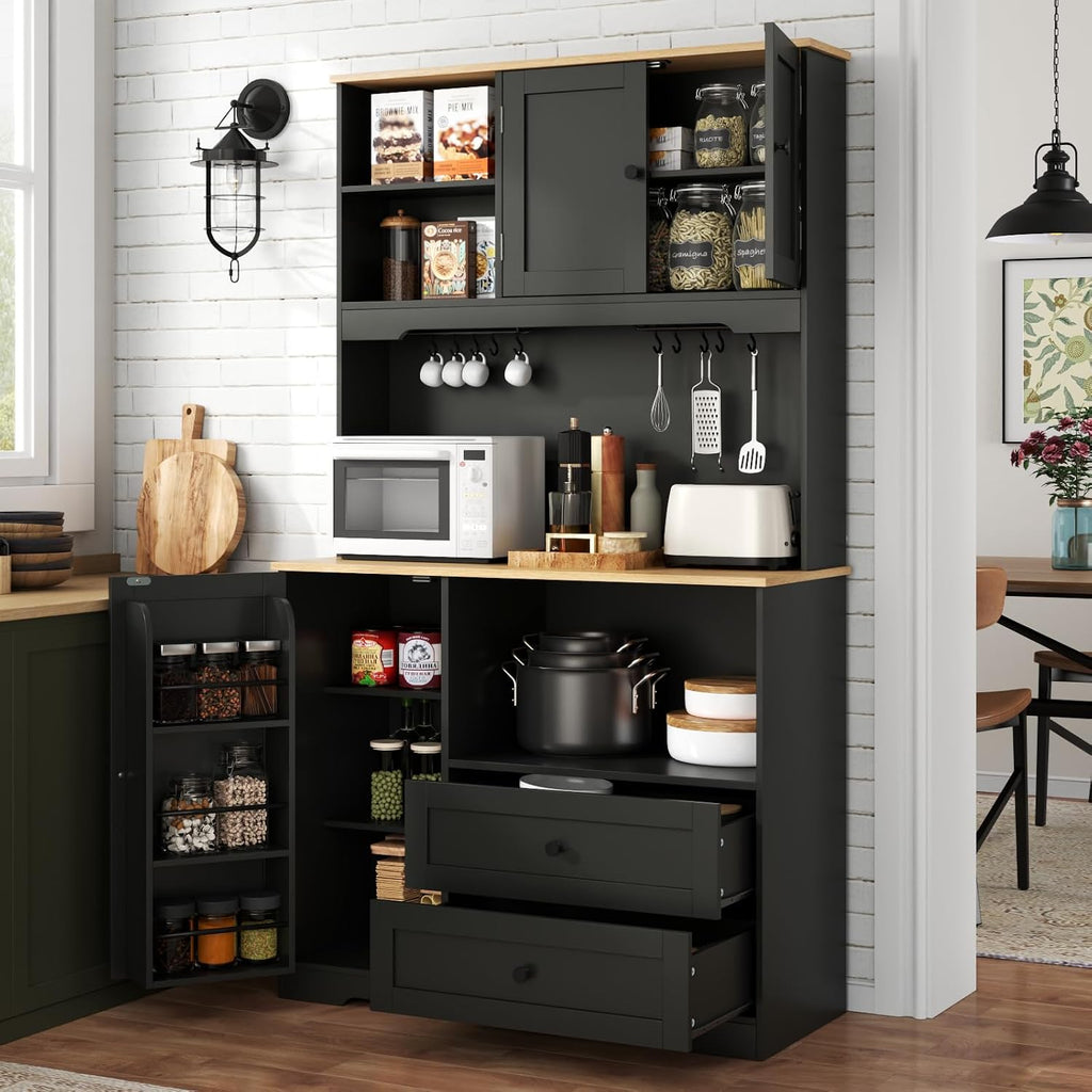 Gyfimoie 68' Tall Kitchen Pantry Storage Cabinet with Charging Station, Upgrade Pantry Cabinet with Doors & Shelves and Wine Glass Holder,Kitchen Hutch Cabinet with Microwave Stand for Kitchen(Black)