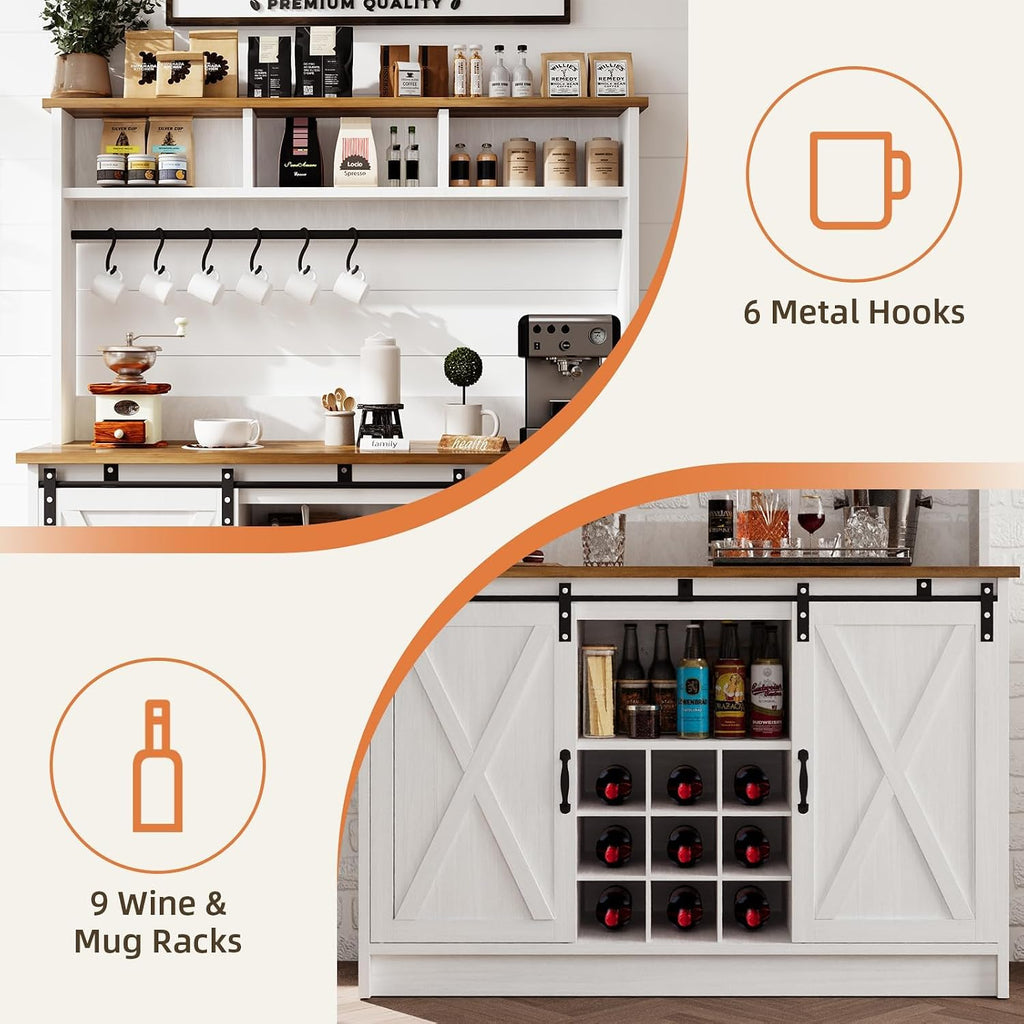 4ever2buy Farmhouse Coffee Bar Cabinet with Storage, 47' Coffee Bar with Storage Hutch & Barn Doors, Hutch Cabinet with 6 Hooks & 9 Wine Racks for Dining Room, Kitchen, White