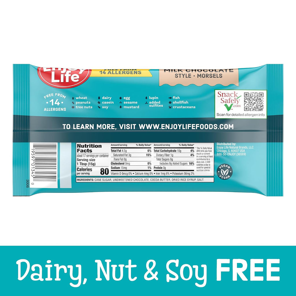 Enjoy Life Ricemilk Baking Morsels Milk Chocolate Flavor, Gluten Free, School Safe, Non GMO, Dairy Free, Soy Free, Vegan, Nut Free Chocolate, 12 Bags (9 oz) Bulk Chocolate