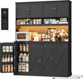 HIFIT 72.8' LED Kitchen Pantry Cabinet with Charging Station, 55' Wide Farmhouse Pantry Cabinet with Microwave Stand&Shelves&Swing-Out Door, Kitchen Hutch Coffee Bar for Living Room, Black