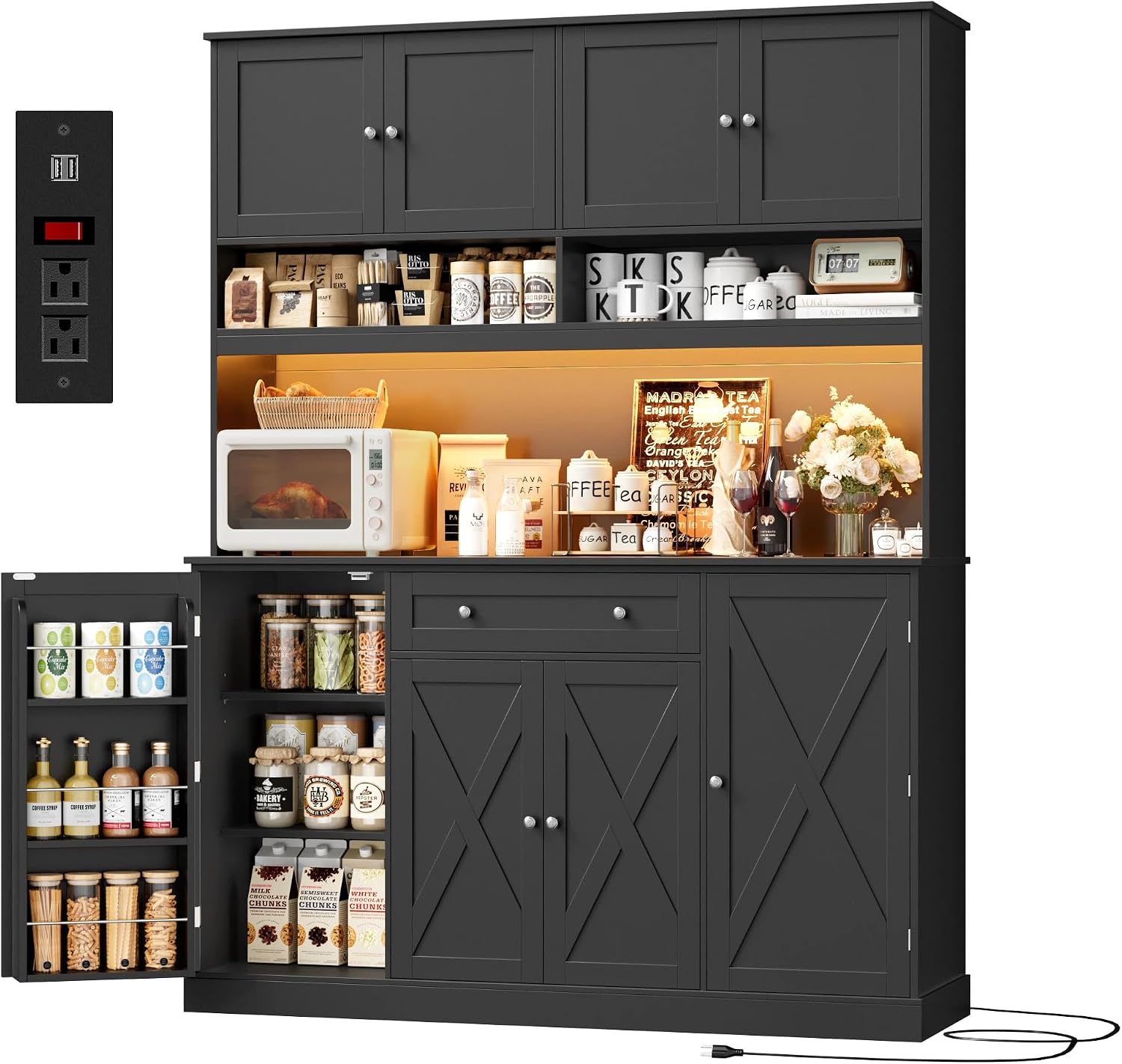 HIFIT 72.8' LED Kitchen Pantry Cabinet with Charging Station, 55' Wide Farmhouse Pantry Cabinet with Microwave Stand&Shelves&Swing-Out Door, Kitchen Hutch Coffee Bar for Living Room, Black