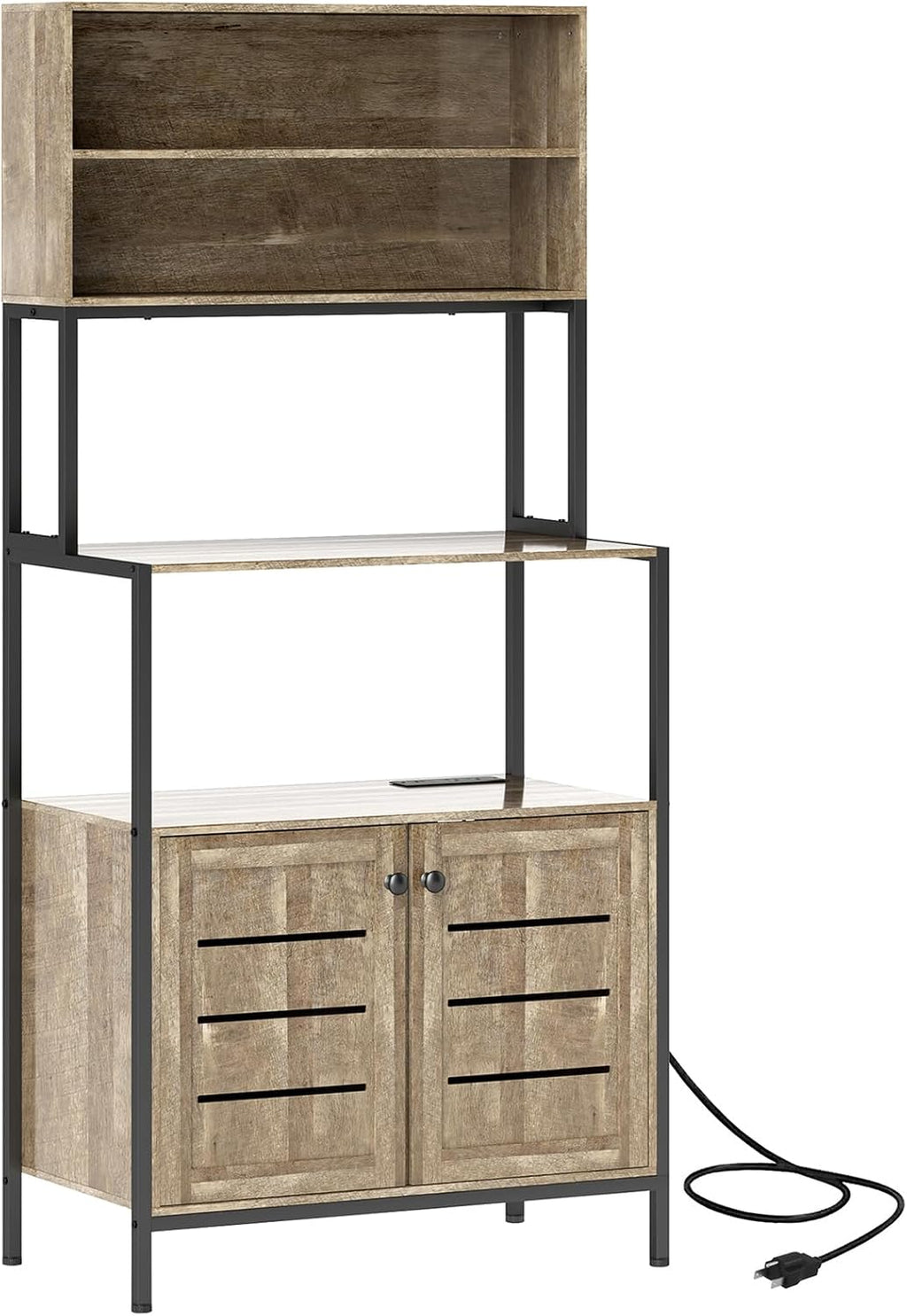 Bake Rack with Power Outlet, Kitchen Microwave Rack with Storage Space, Two Ac Outlets and Two U+B Ports, Rustic Brown (Gray)