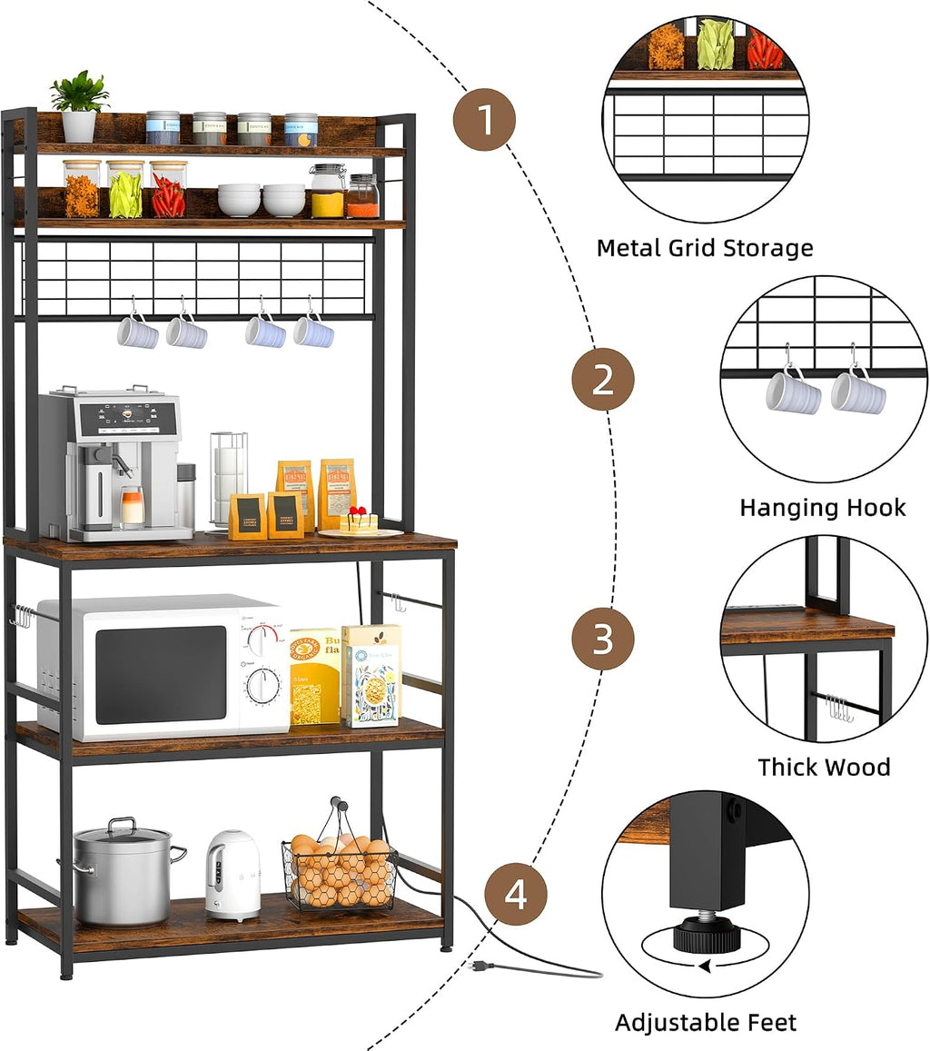 JY QAQA Kitchen Bakers Rack, Coffee Bar Cabinet, Kitchen Racks with Power Outlet, 5-Tier Microwave Stand with Storage Cabinet, 10 Hooks and Metal Wire Panel, Brown