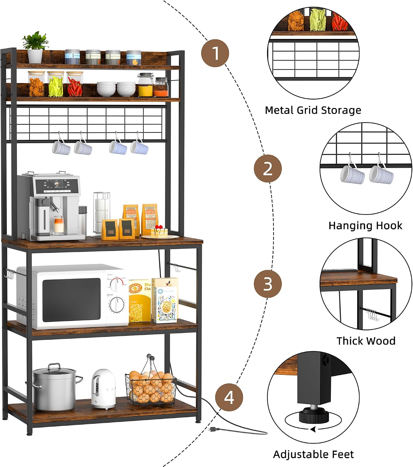 JY QAQA Kitchen Bakers Rack, Coffee Bar Cabinet, Kitchen Racks with Power Outlet, 5-Tier Microwave Stand with Storage Cabinet, 10 Hooks and Metal Wire Panel, Brown